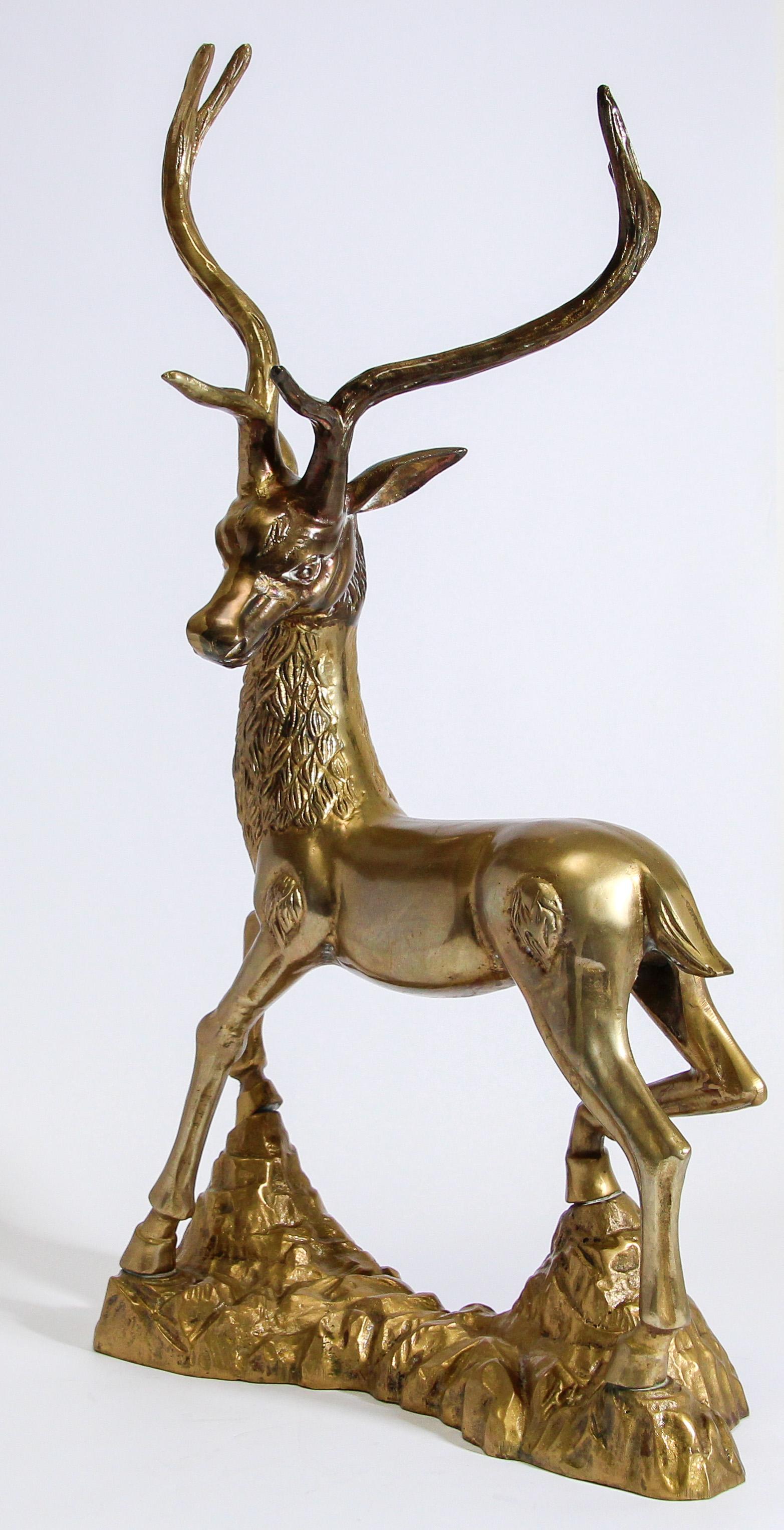 Moorish Hollywood Regency Cast Polished Brass Standing Stag Sculpture, 1960s For Sale