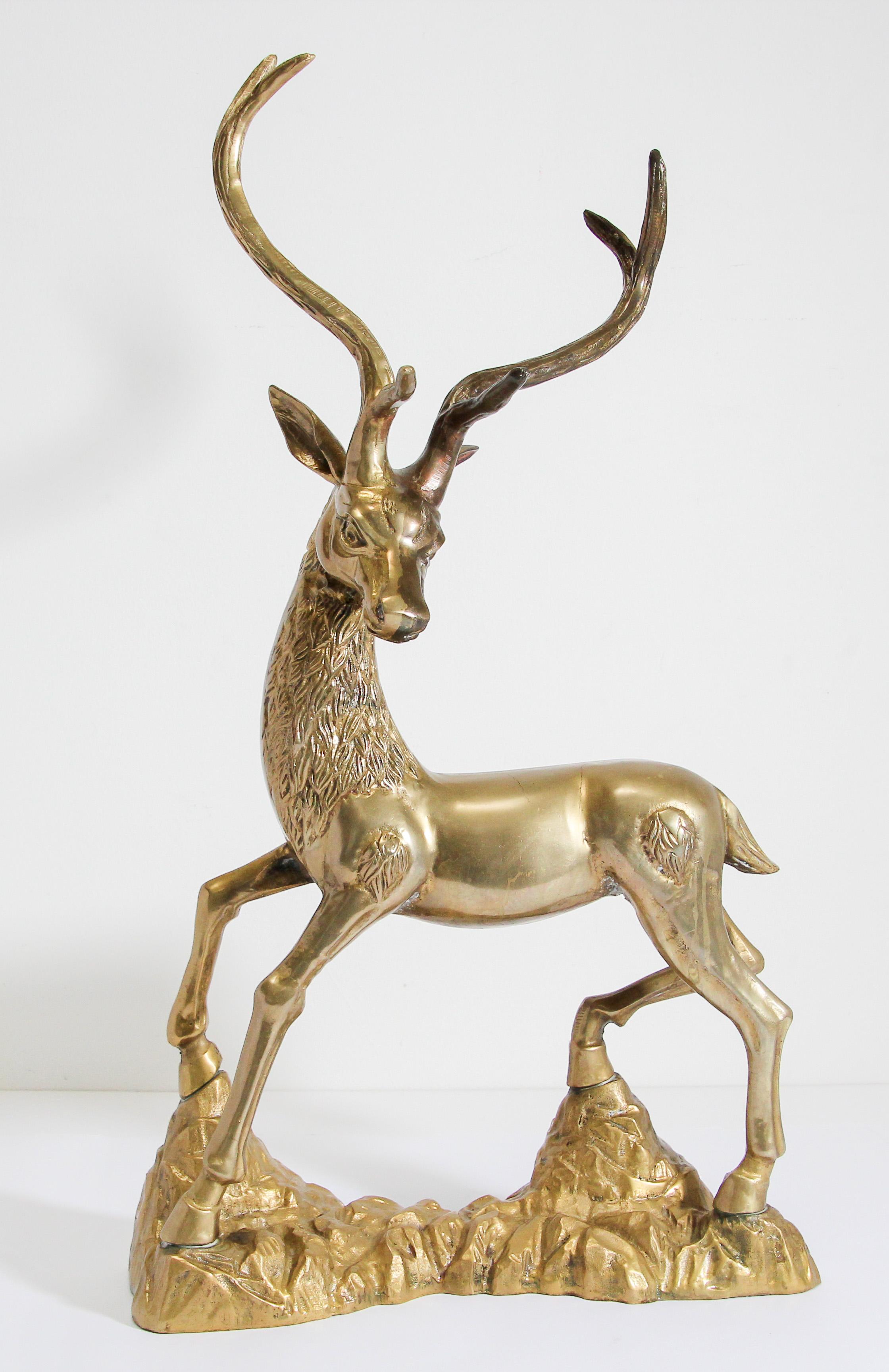 20th Century Hollywood Regency Cast Polished Brass Standing Stag Sculpture, 1960s For Sale