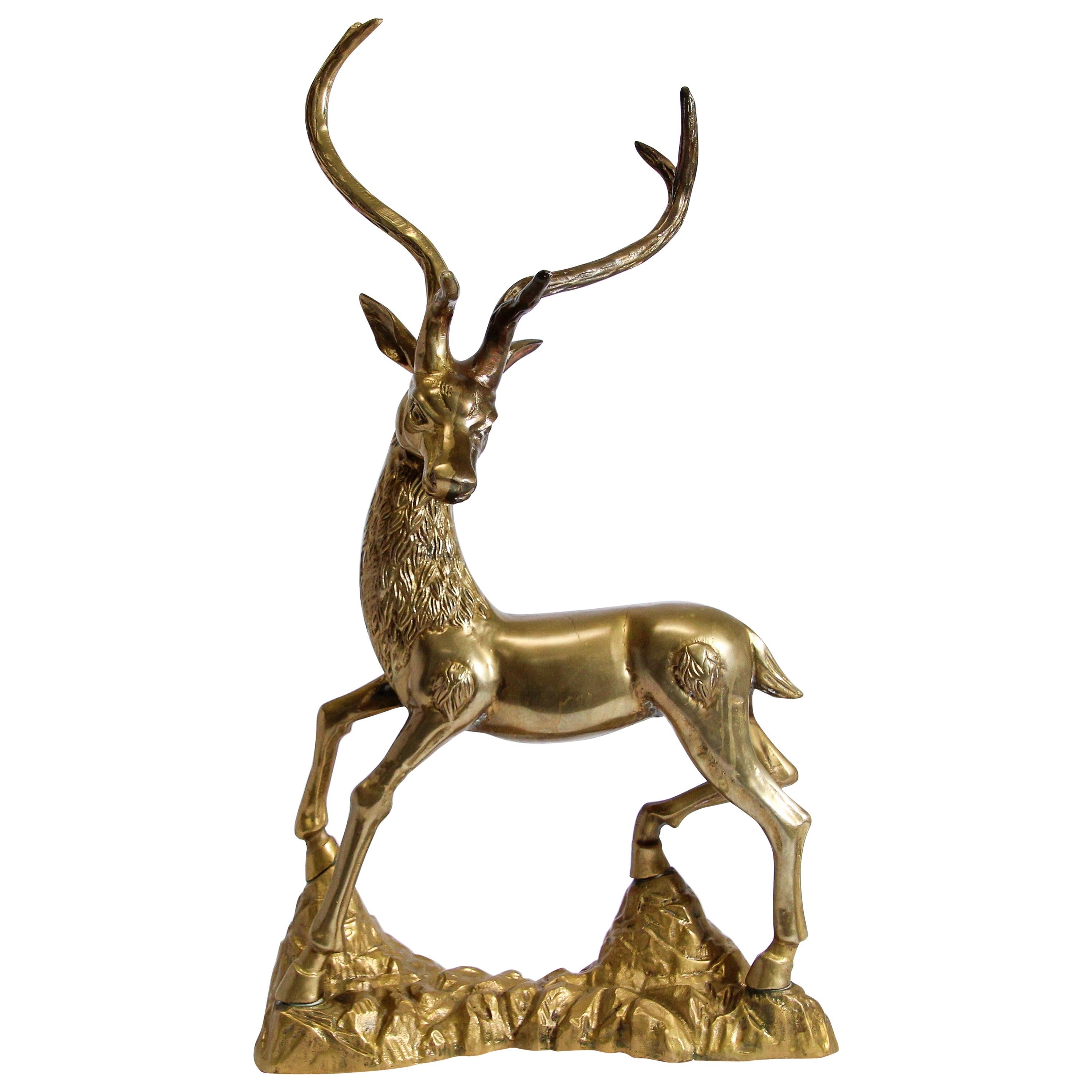 Hollywood Regency Cast Polished Brass Standing Stag Sculpture, 1960s For Sale