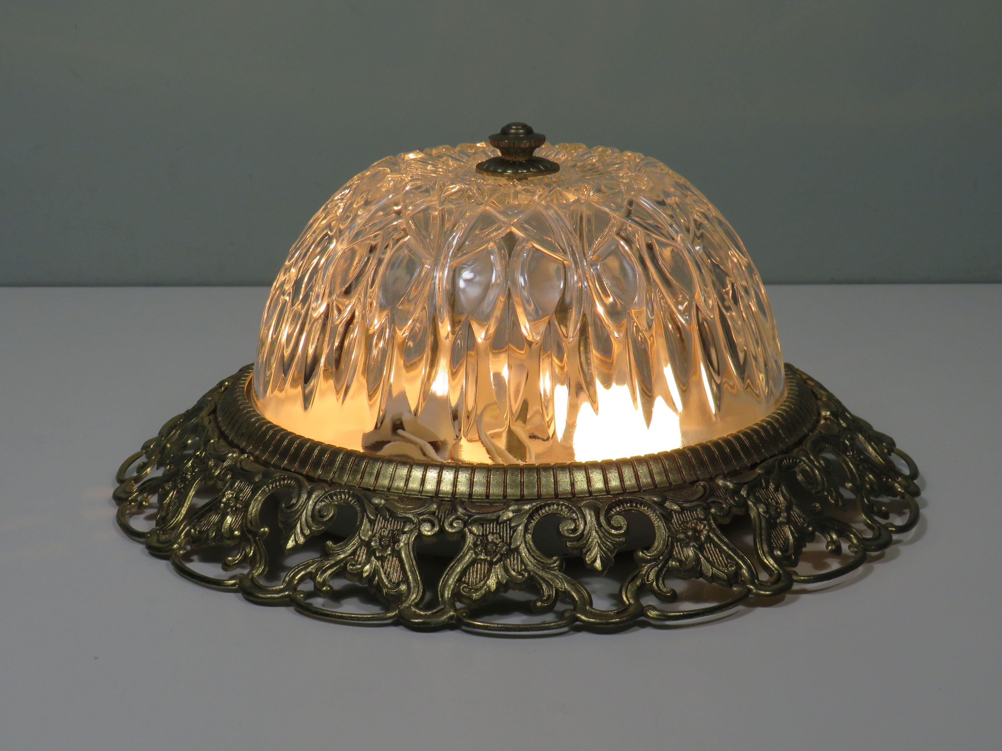 Belgian Hollywood Regency ceiling lamp, cut glass and openwork gilded edge. For Sale