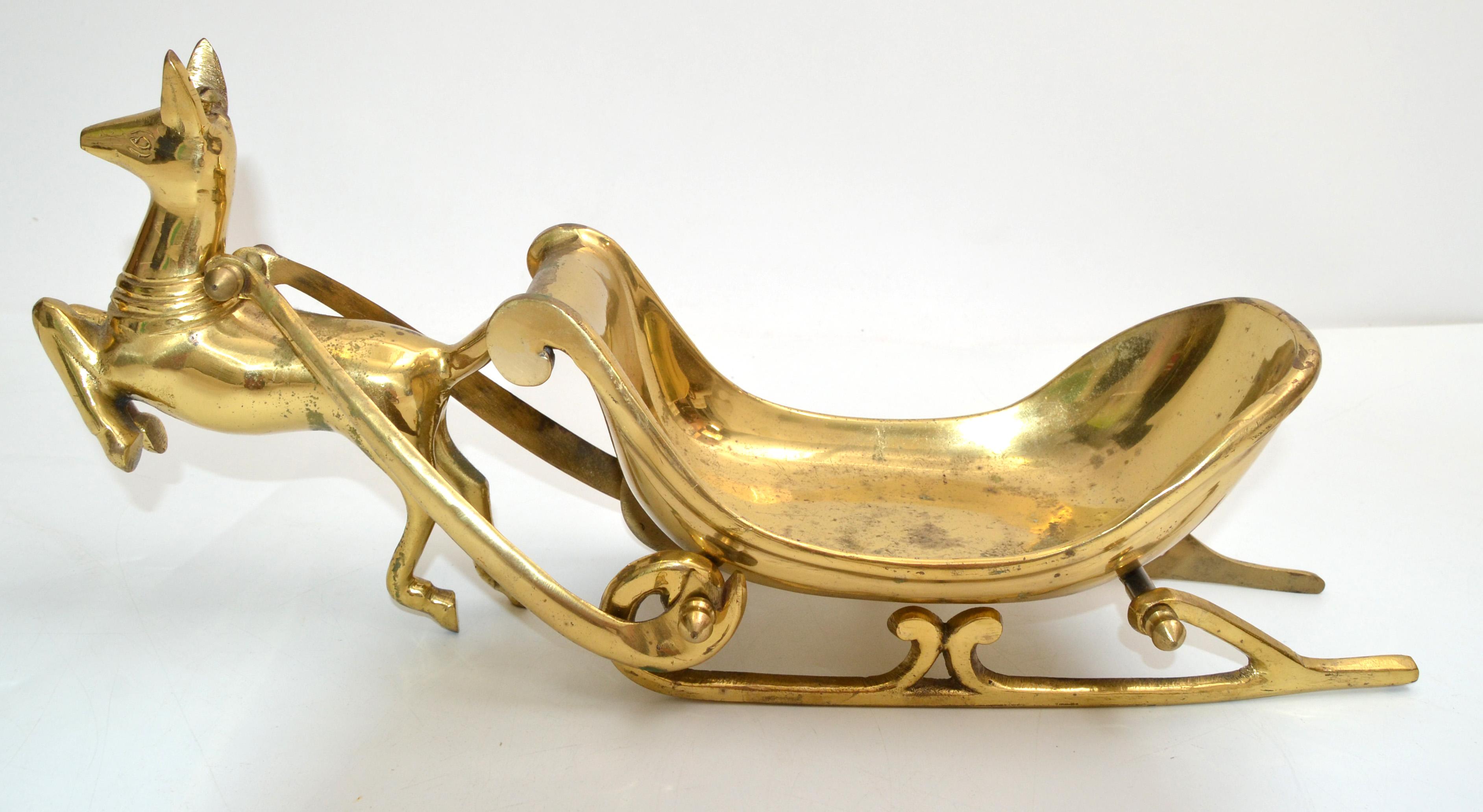 Hollywood Regency Century Handmade Brass Deer Figurine Pulling Sleigh 1970 5