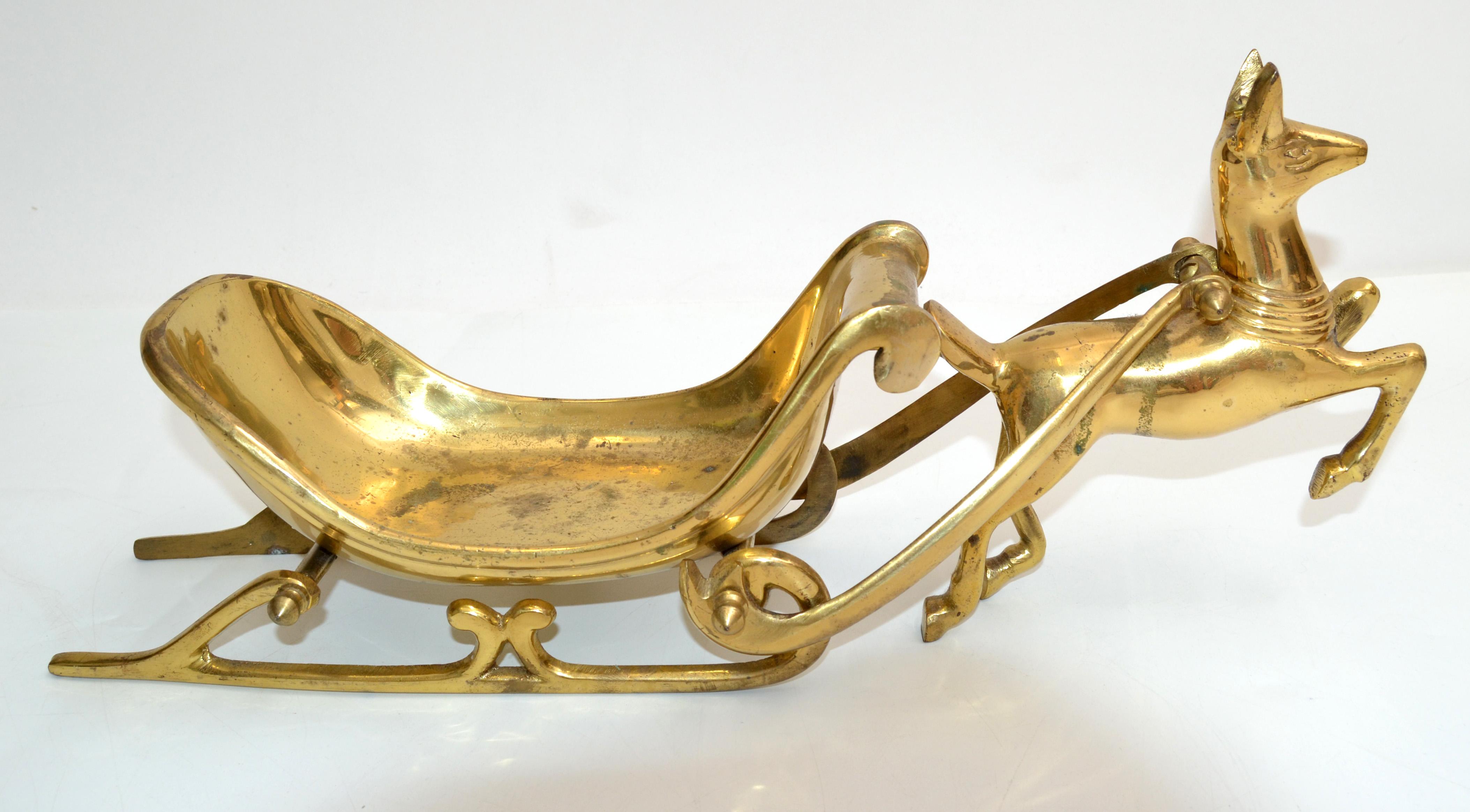 Indian Hollywood Regency Century Handmade Brass Deer Figurine Pulling Sleigh 1970