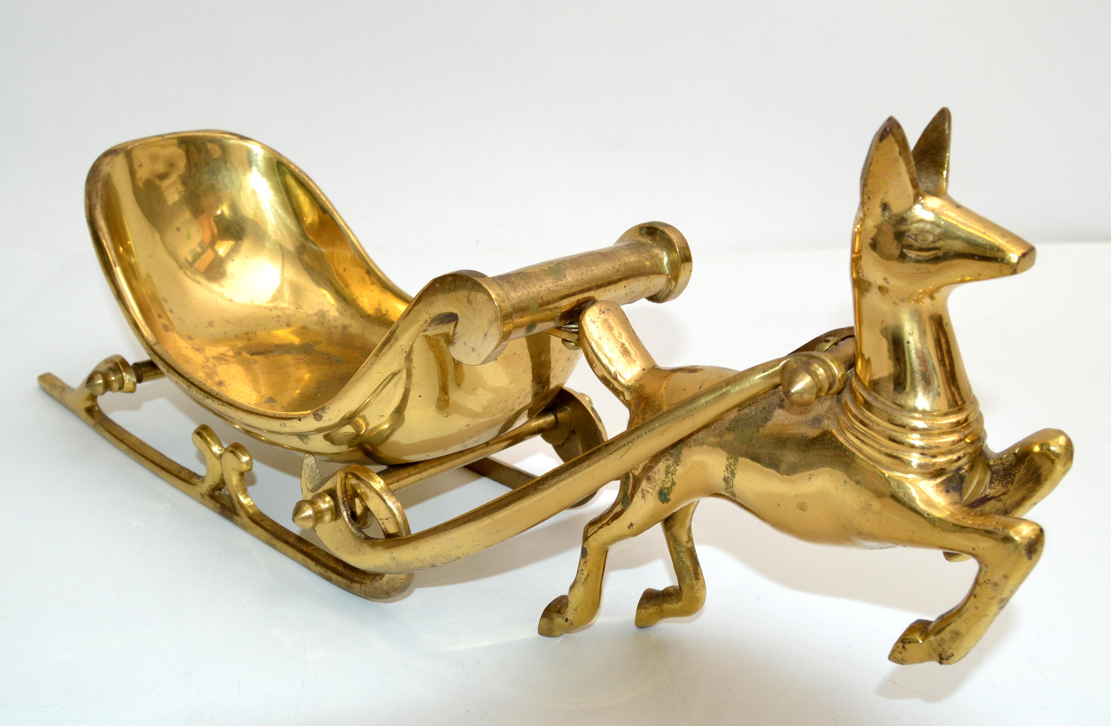 Hand-Crafted Hollywood Regency Century Handmade Brass Deer Figurine Pulling Sleigh 1970