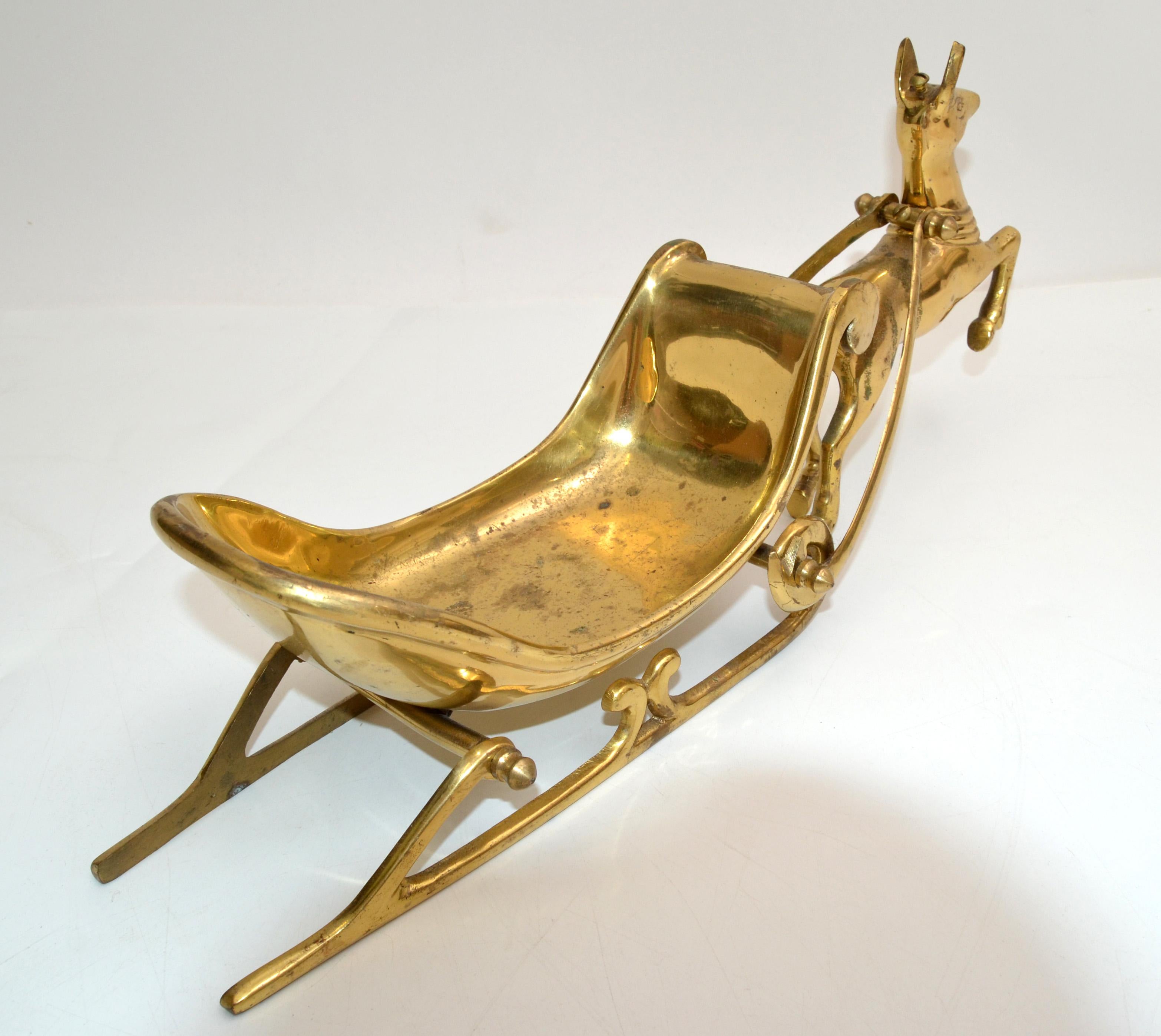 Hollywood Regency Century Handmade Brass Deer Figurine Pulling Sleigh 1970 1