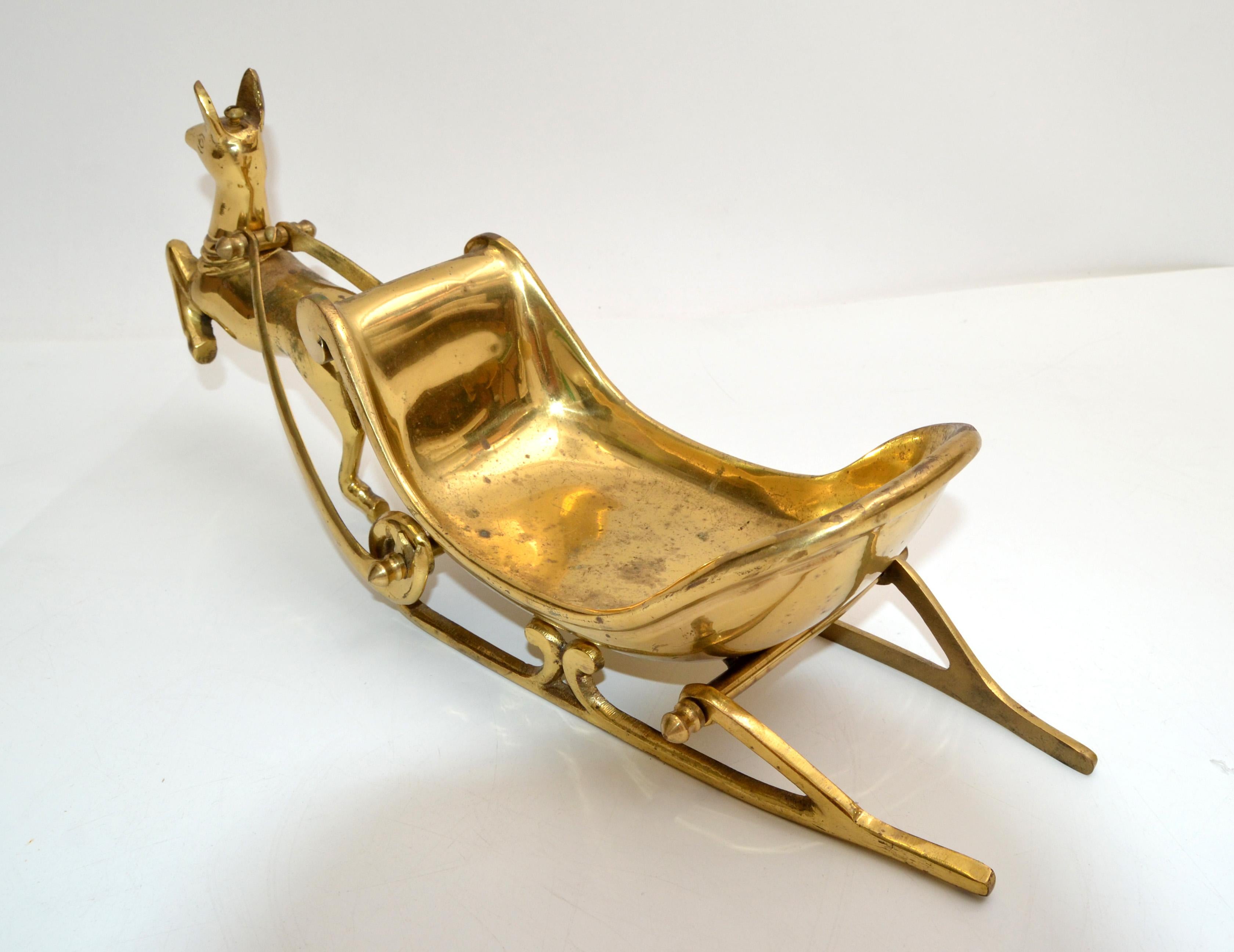 Hollywood Regency Century Handmade Brass Deer Figurine Pulling Sleigh 1970 2