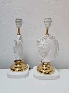 Hollywood Regency Ceramic and Brass Horse Heads Table Lamps, Austria 1970s