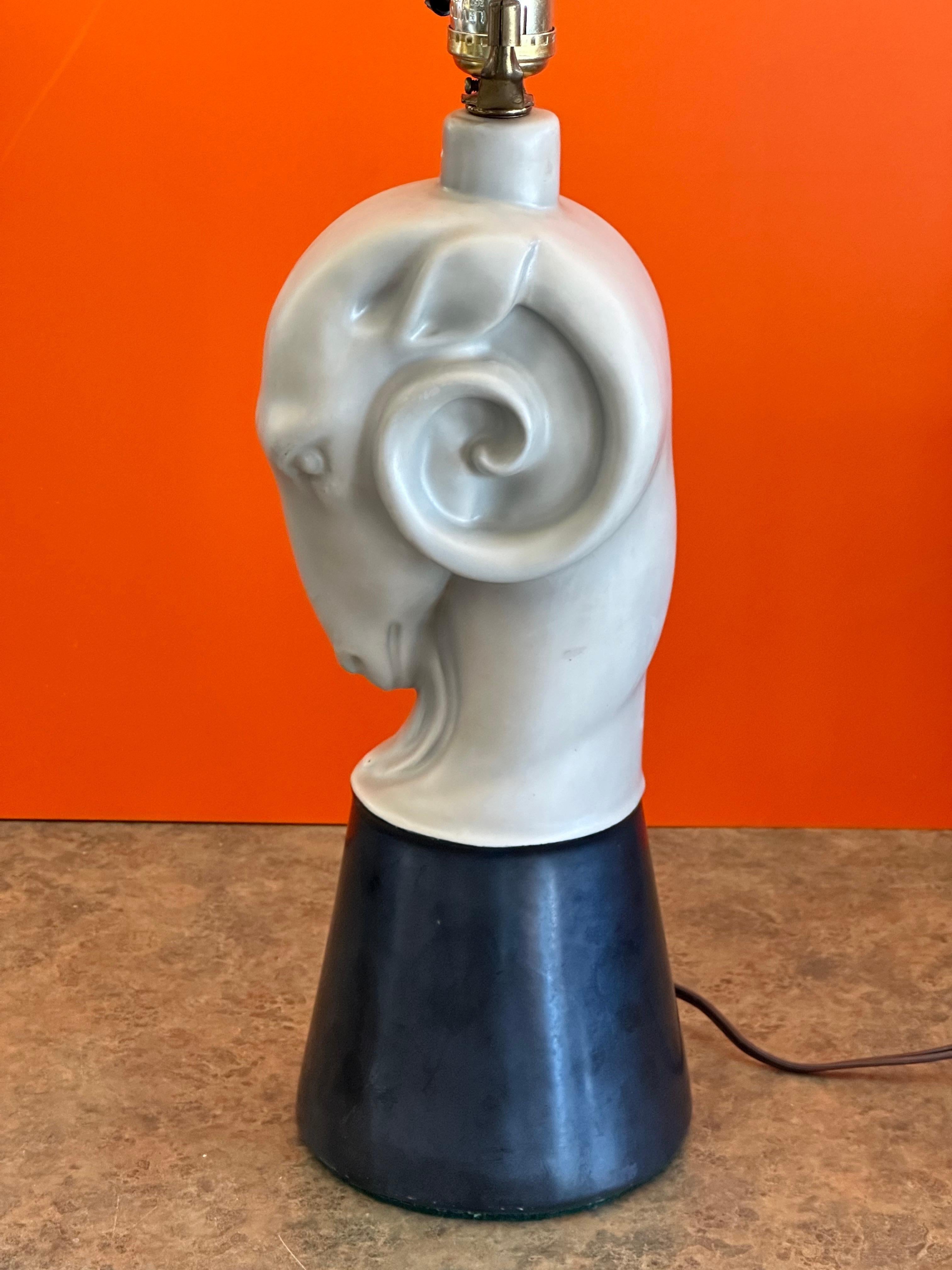 Hollywood Regency Ceramic Ram's Head Figurative Table Lamp For Sale 11