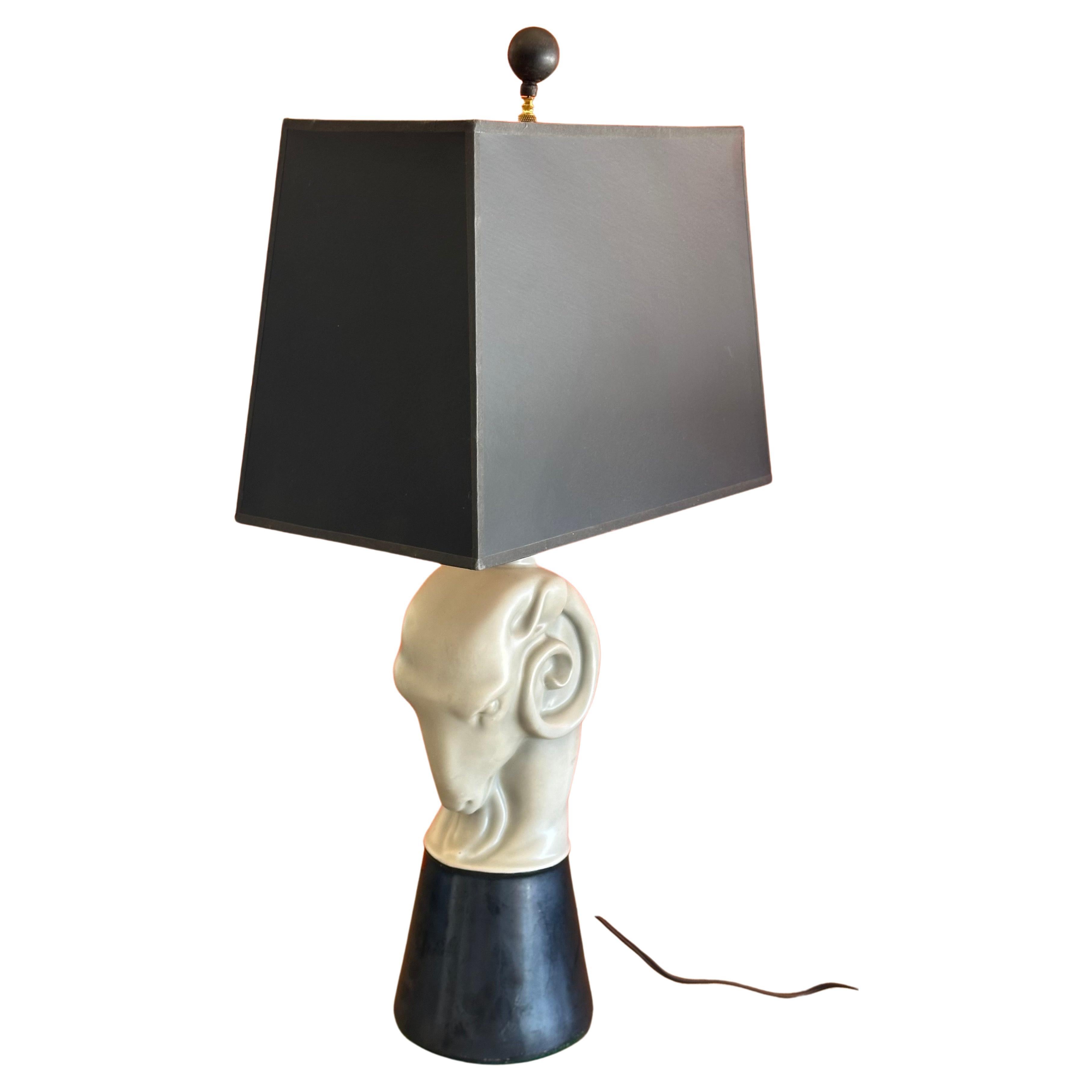 Italian Hollywood Regency Ceramic Ram's Head Figurative Table Lamp For Sale