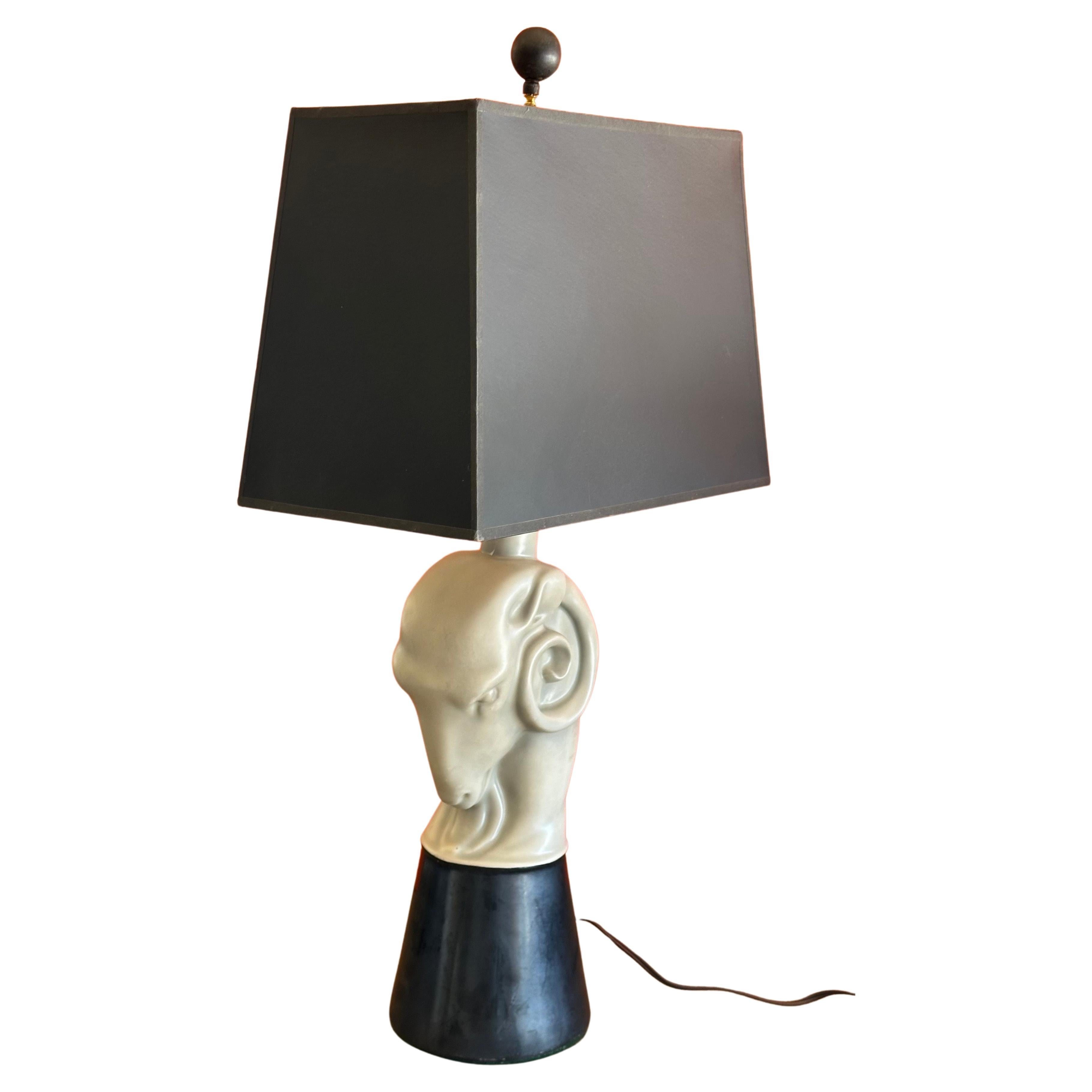 Hollywood Regency Ceramic Ram's Head Figurative Table Lamp For Sale