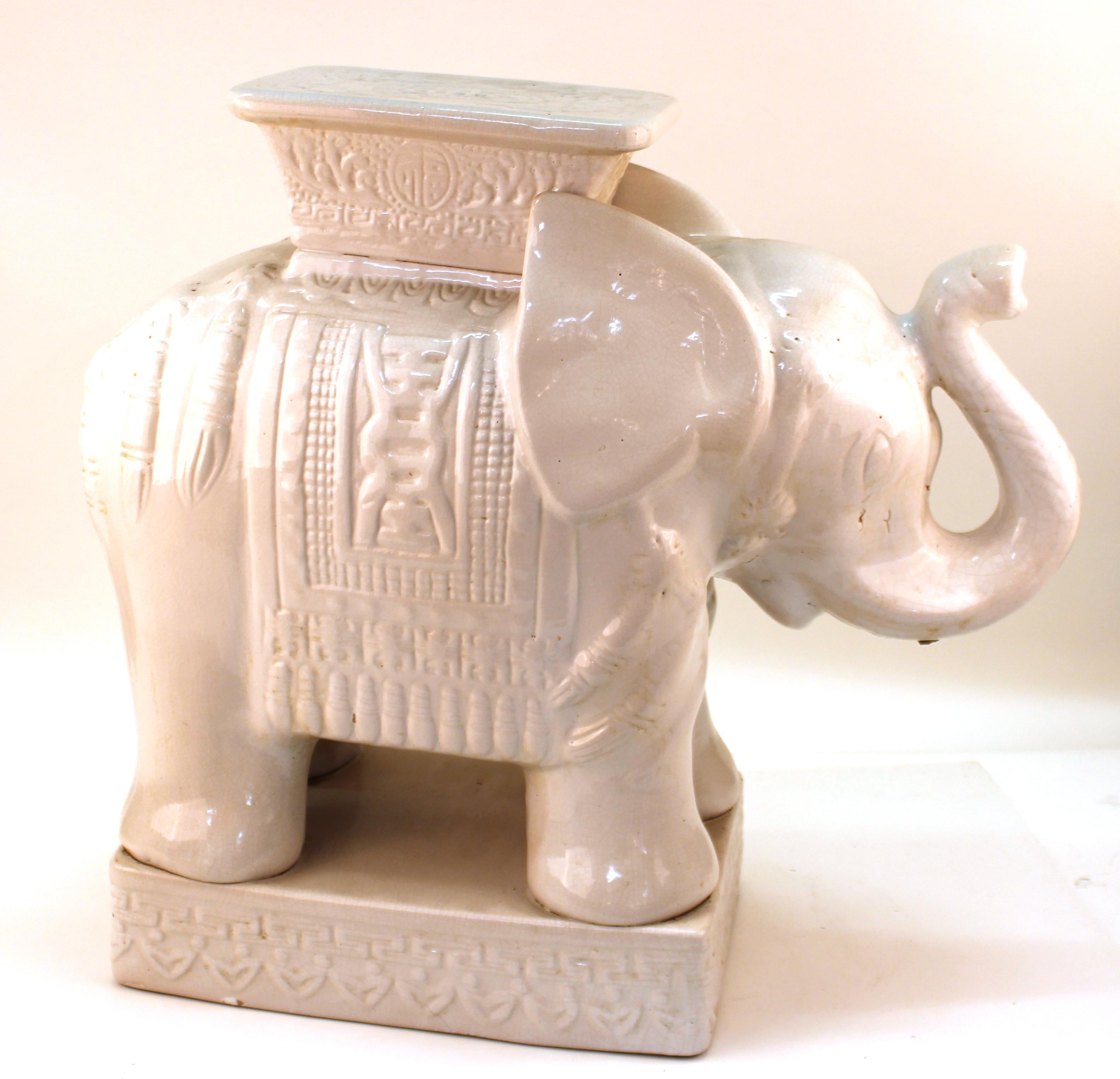 20th Century Hollywood Regency Ceramic White Elephant Garden Stool