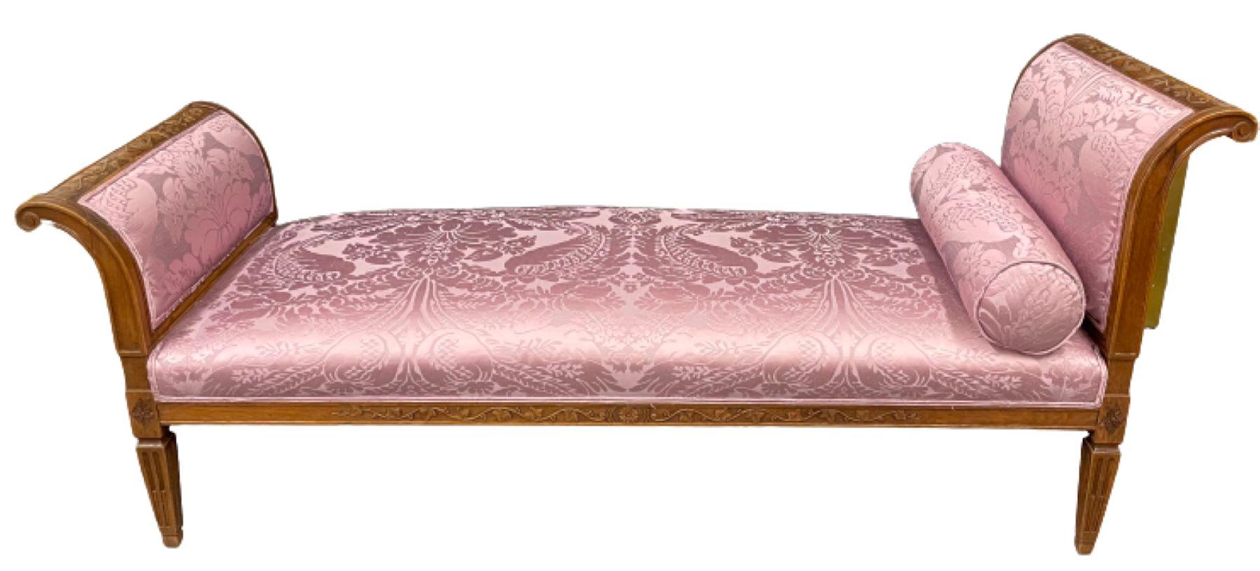 Hollywood Regency Chaise Lounge or Day Bed in Scalamandre Upholstery. Fine early mahogany frame that is strong and sturdy covered in a wonderfully upholstered Scalamandre fabric having double welts.