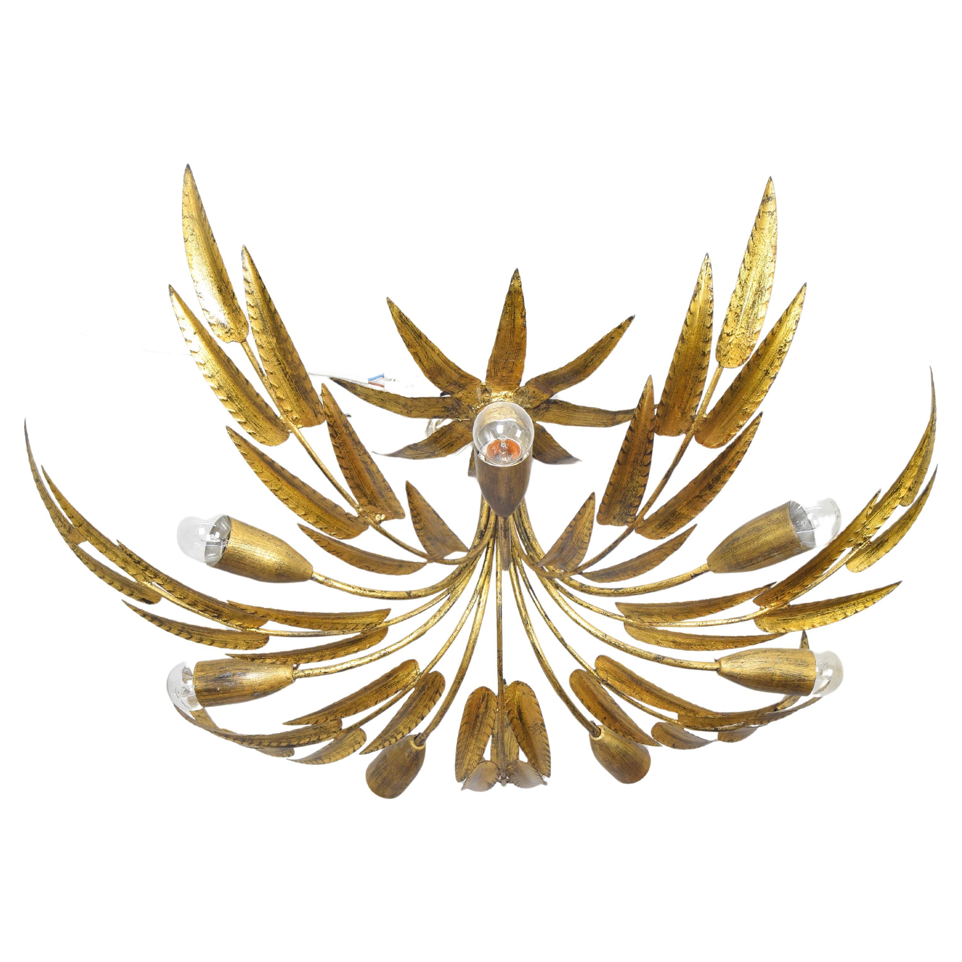 Hollywood Regency Chandelier Flush Mount Sun Leaves Gold Leaf  Ferroarte Spain For Sale