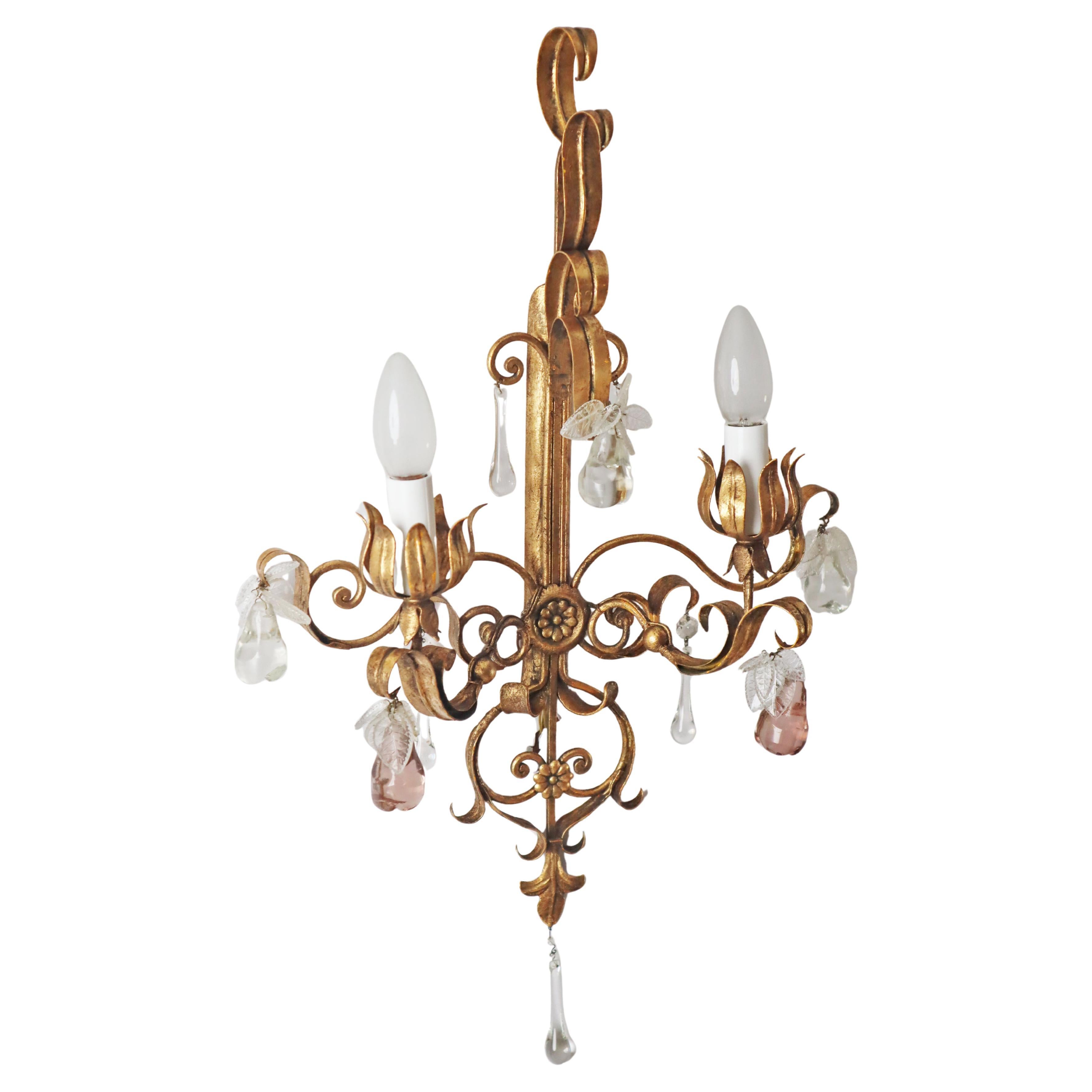 Hollywood-Regency-Kronleuchterlampe im venezianischen Stil mit Kristallglas und Blättern im Angebot