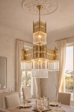 Hollywood Regency Gilt Bronze and Crystal Chandelier, Maison Jansen Style, 1970s