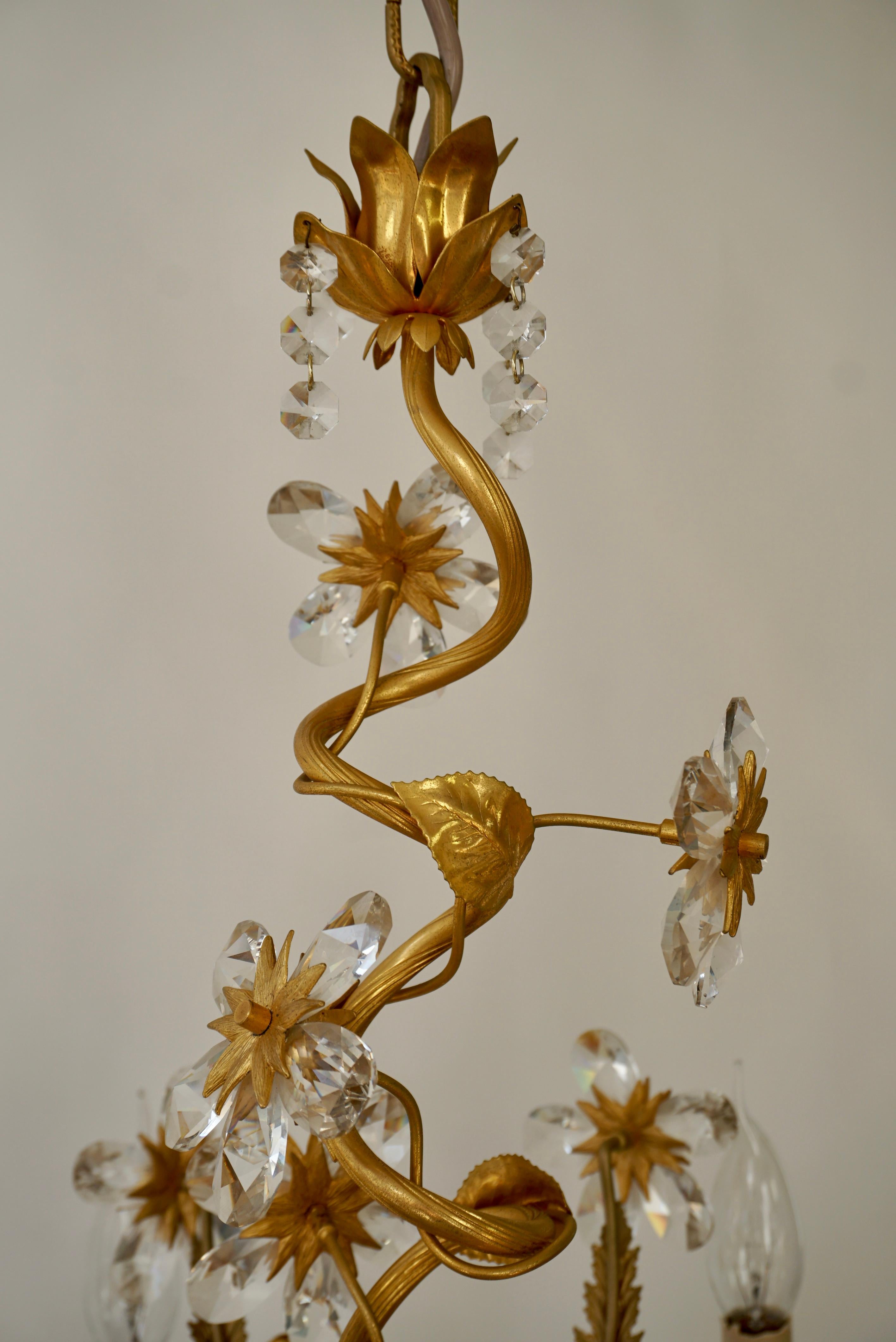 Hollywood Regency Chandelier with Gilded Roses and Crystal Flowers For Sale 6