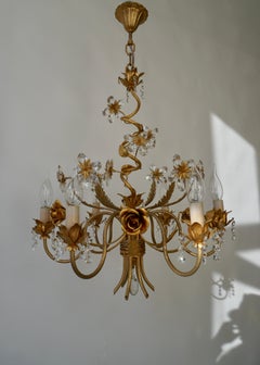 Hollywood Regency Chandelier with Gilded Roses and Crystal Flowers
