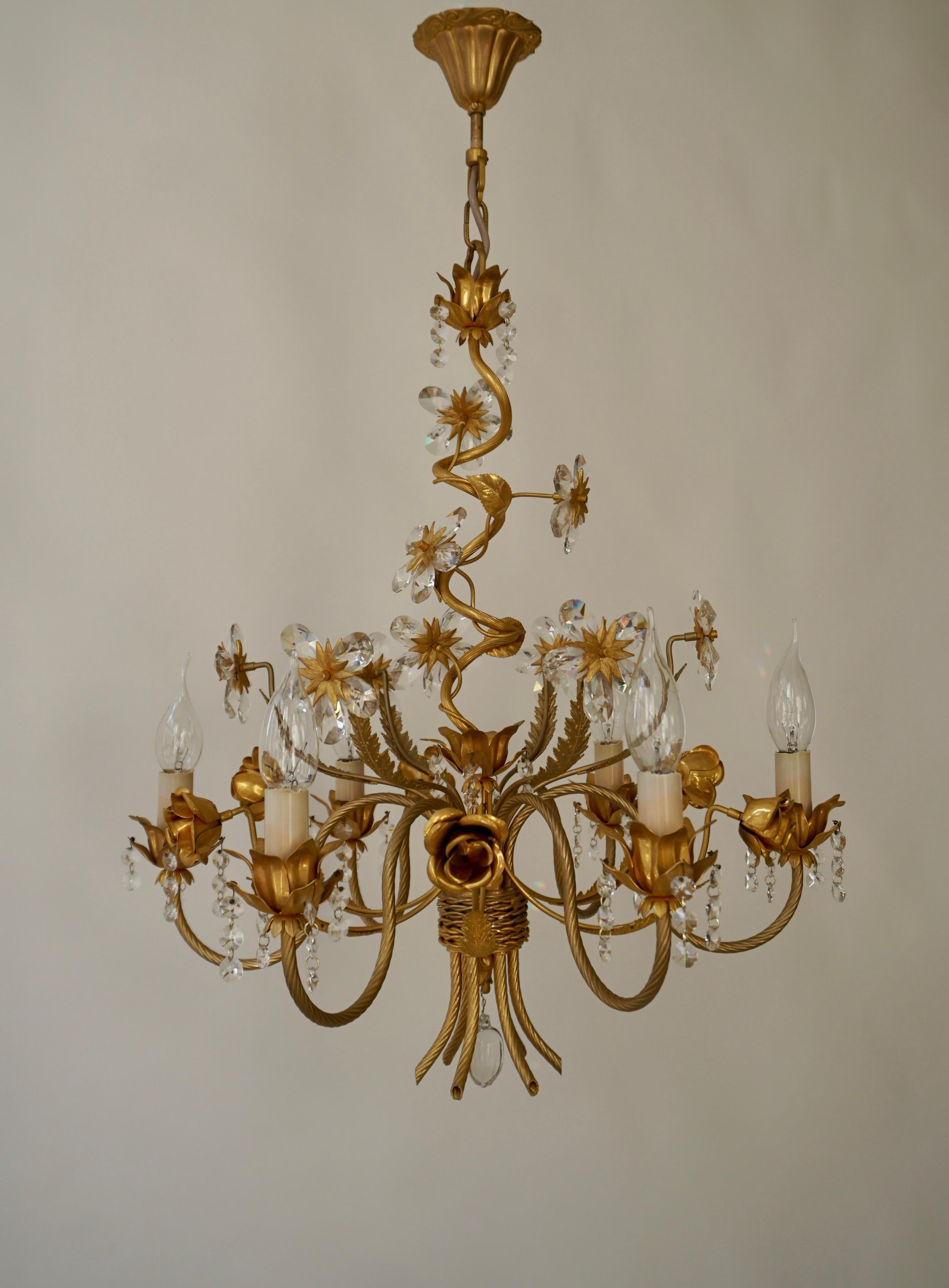 Gilt Hollywood Regency Chandelier with Gilded Roses and Crystal Flowers For Sale