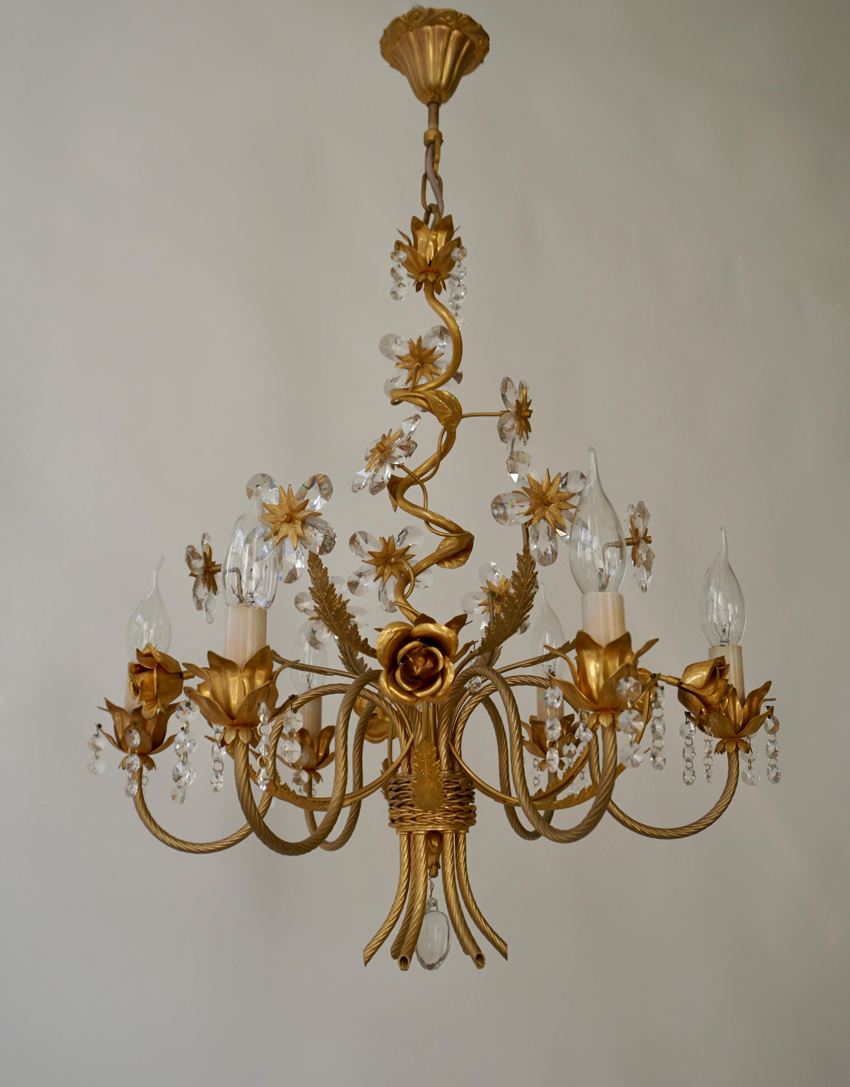20th Century Hollywood Regency Chandelier with Gilded Roses and Crystal Flowers For Sale