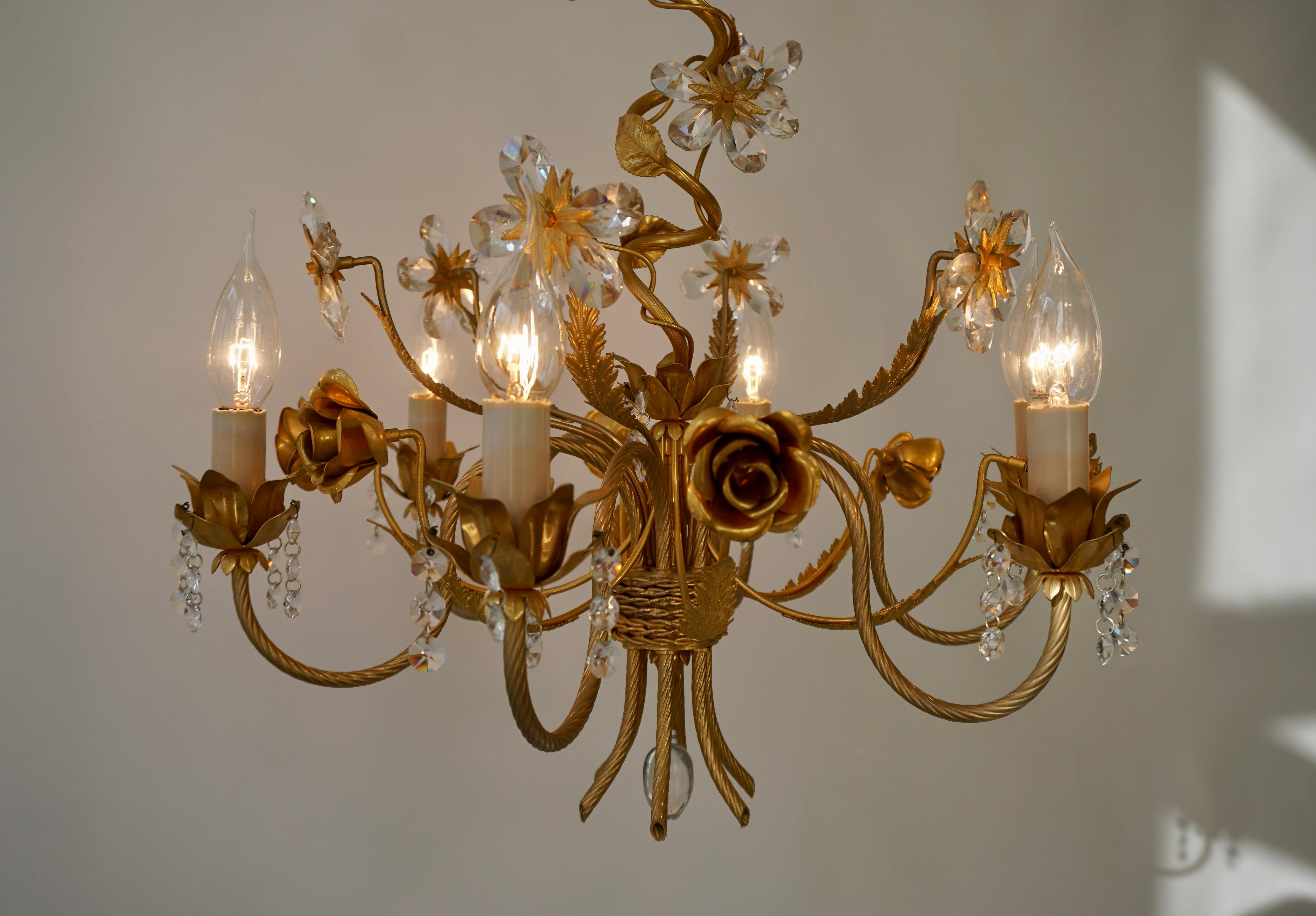 Brass Hollywood Regency Chandelier with Gilded Roses and Crystal Flowers For Sale