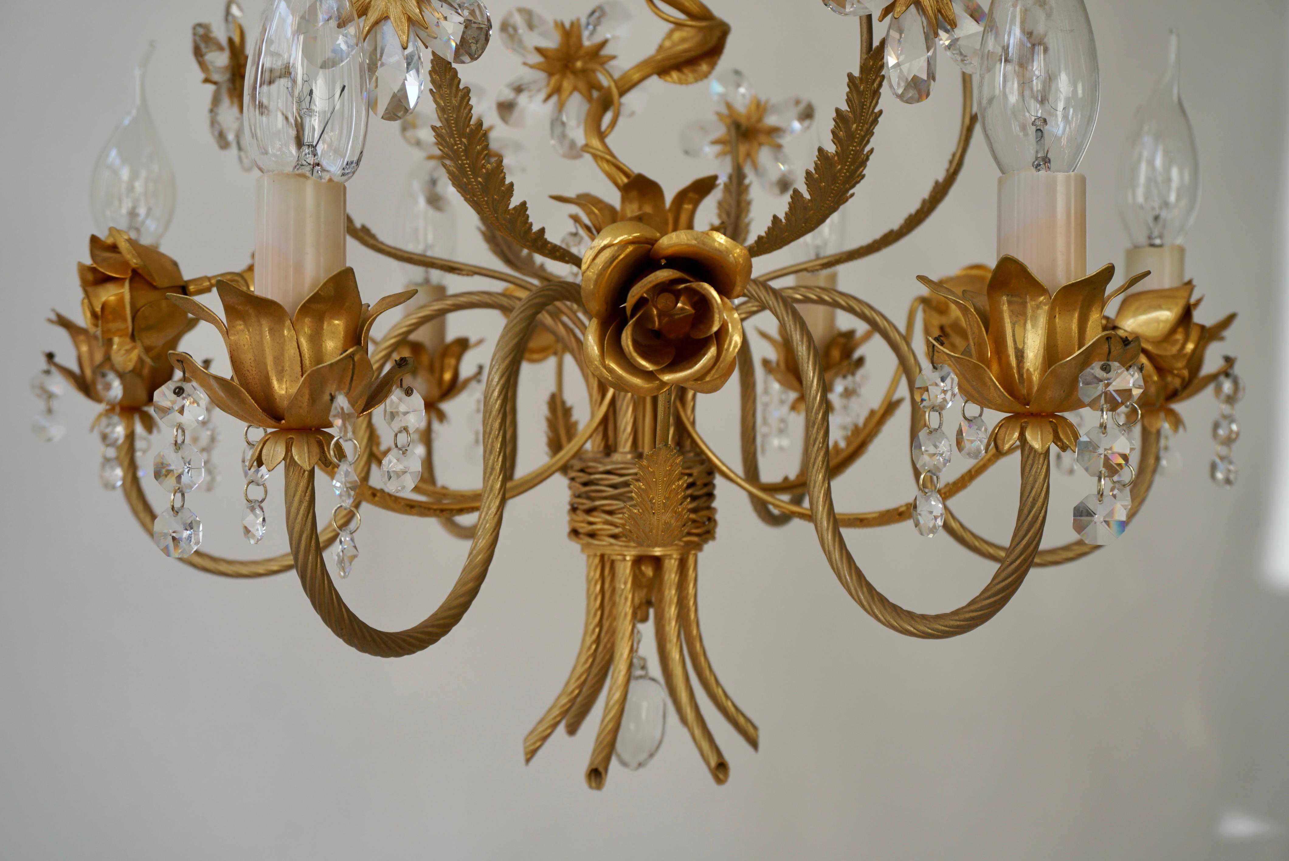 Hollywood Regency Chandelier with Gilded Roses and Crystal Flowers For Sale 2