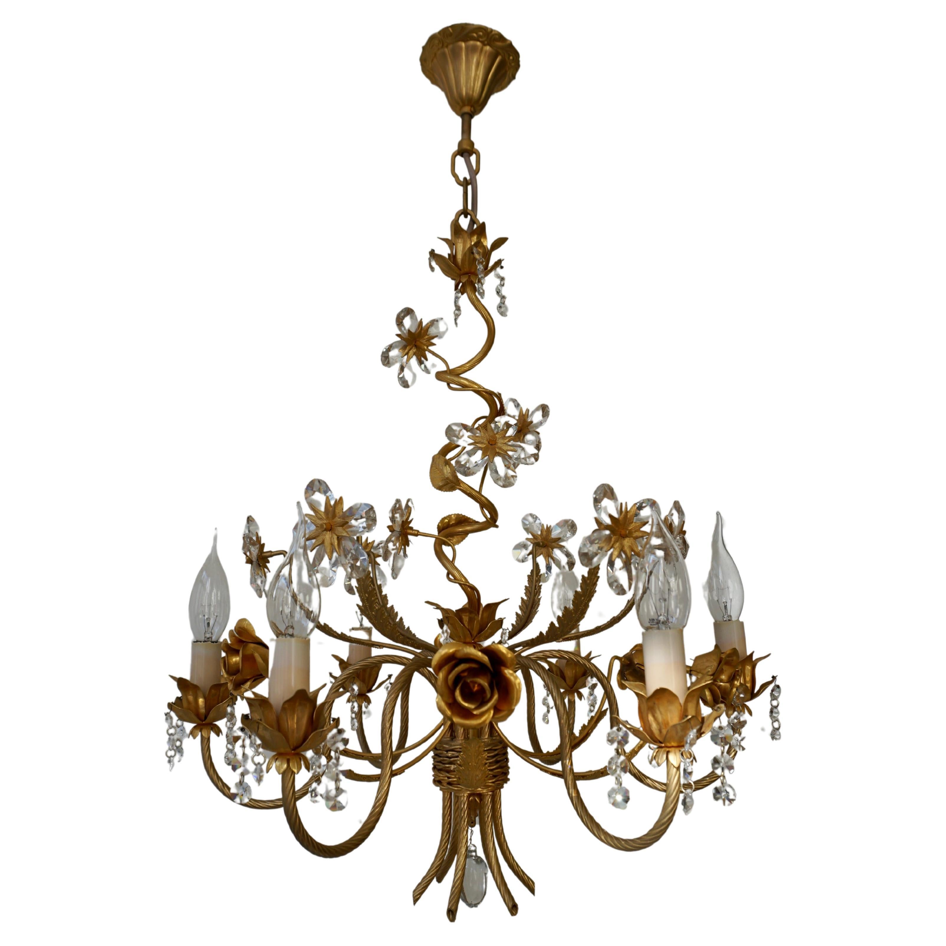 Hollywood Regency Chandelier with Gilded Roses and Crystal Flowers