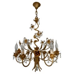 Vintage Hollywood Regency Chandelier with Gilded Roses and Crystal Flowers