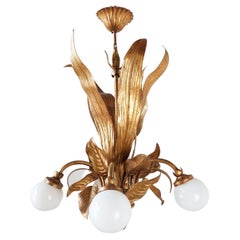 Hollywood Regency Chandelier with Leaves and Opaline Glass Spheres