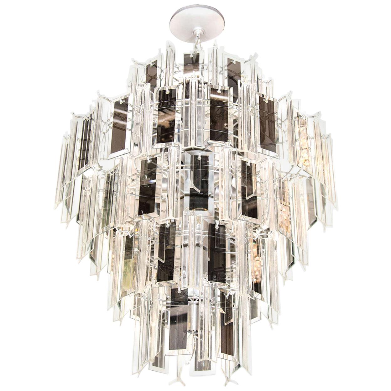 Hollywood Regency Chandelier with Lucite and Mirrored Glass Prisms