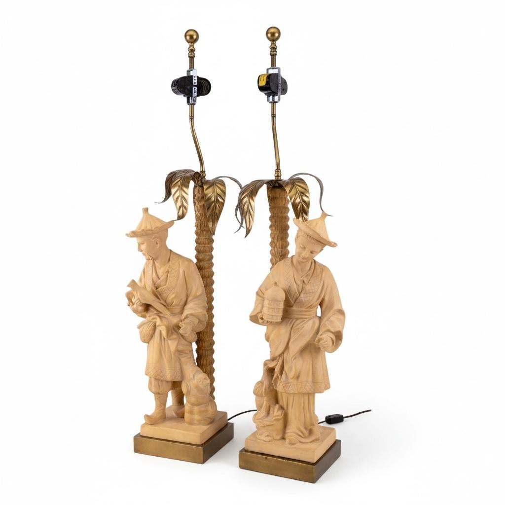 Hollywood Regency Chapman Terracotta Chinoiserie Palm Frond Table Lamps - Pair (amerikanisch) im Angebot
