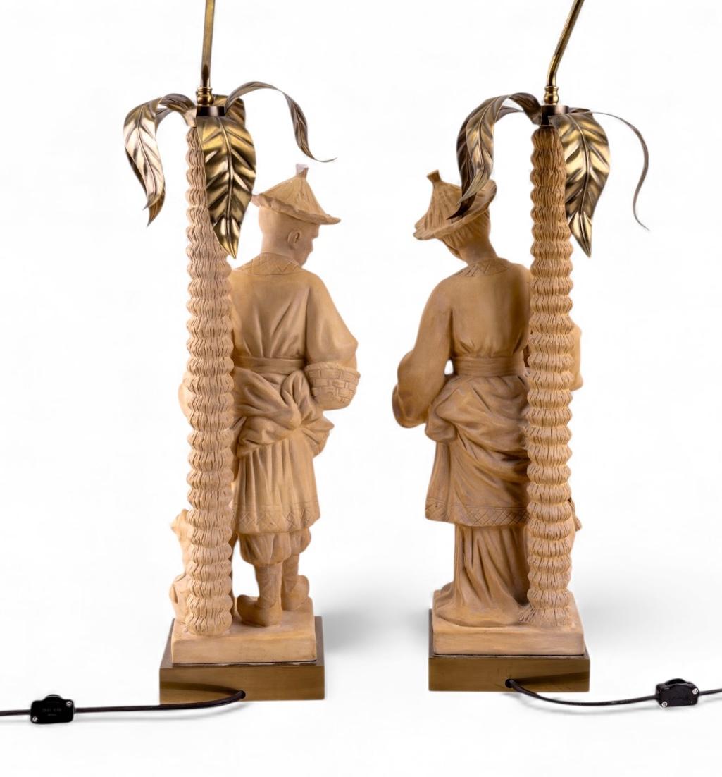 Hollywood Regency Chapman Terracotta Chinoiserie Palm Frond Table Lamps - Pair (20. Jahrhundert) im Angebot