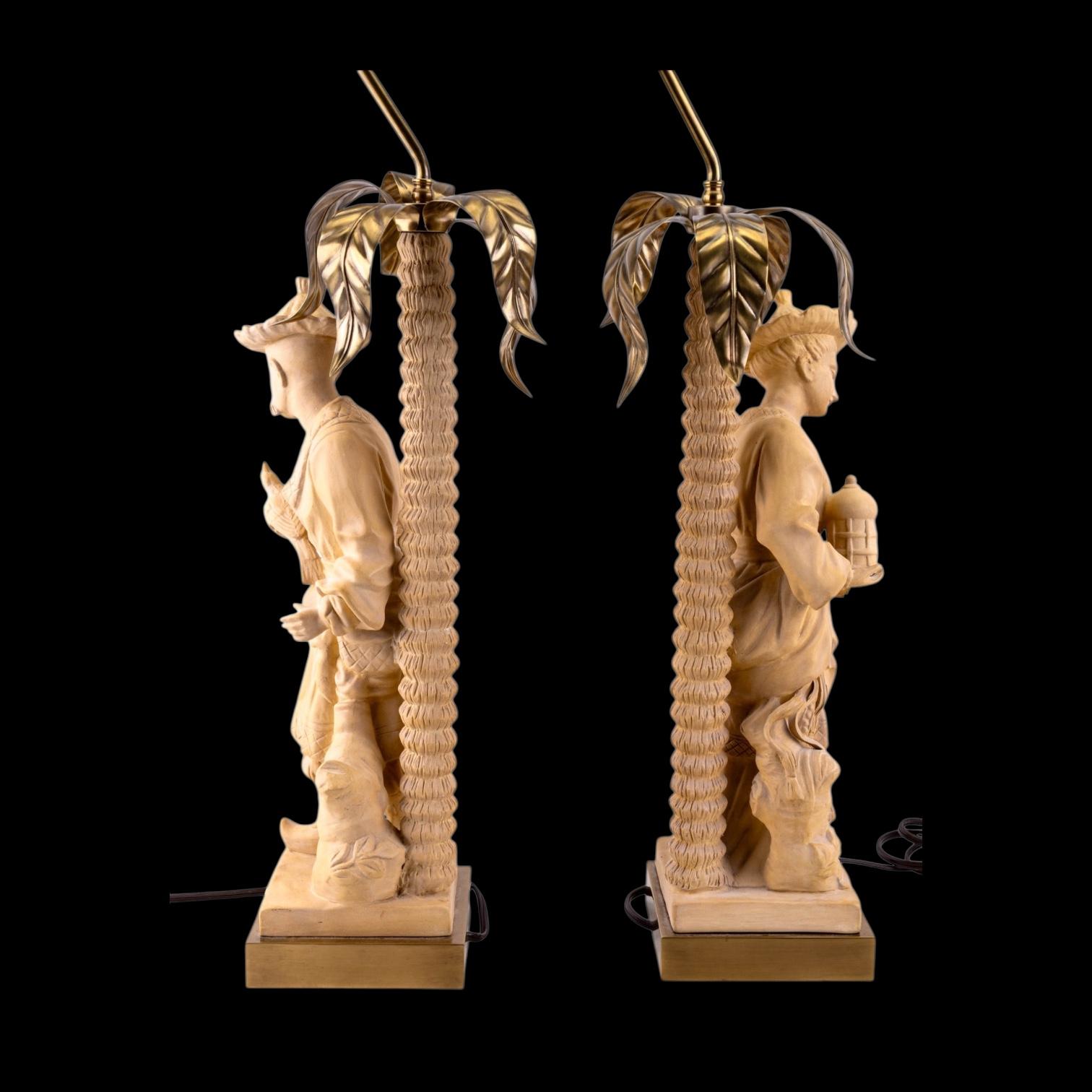 Hollywood Regency Chapman Terracotta Chinoiserie Palm Frond Table Lamps - Pair (Messing) im Angebot