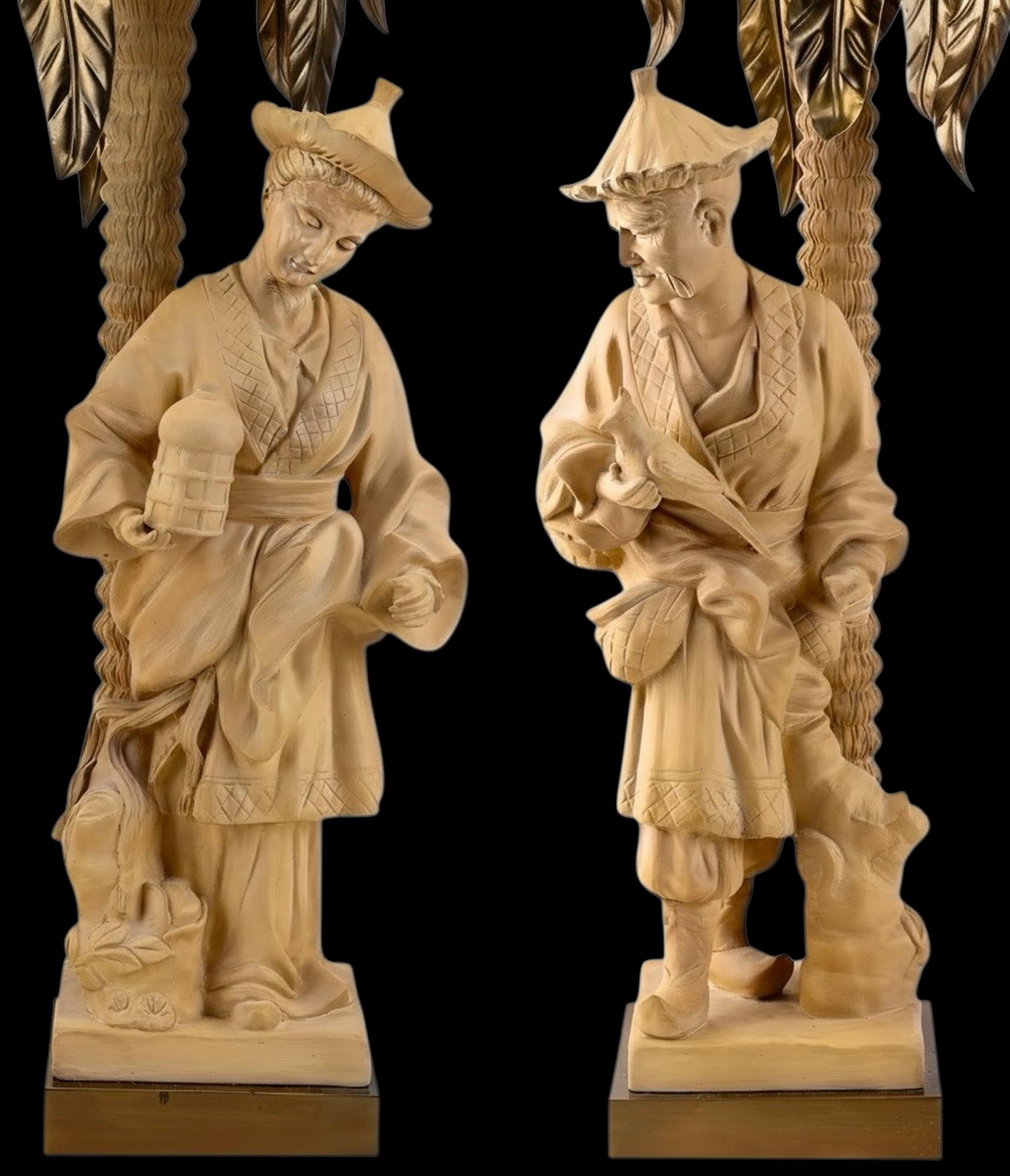 Hollywood Regency Chapman Terracotta Chinoiserie Palm Frond Table Lamps - Pair im Angebot 1