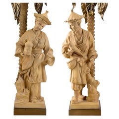 Hollywood Regency Chapman Terracotta Chinoiserie Palm Frond Table Lamps - Pair