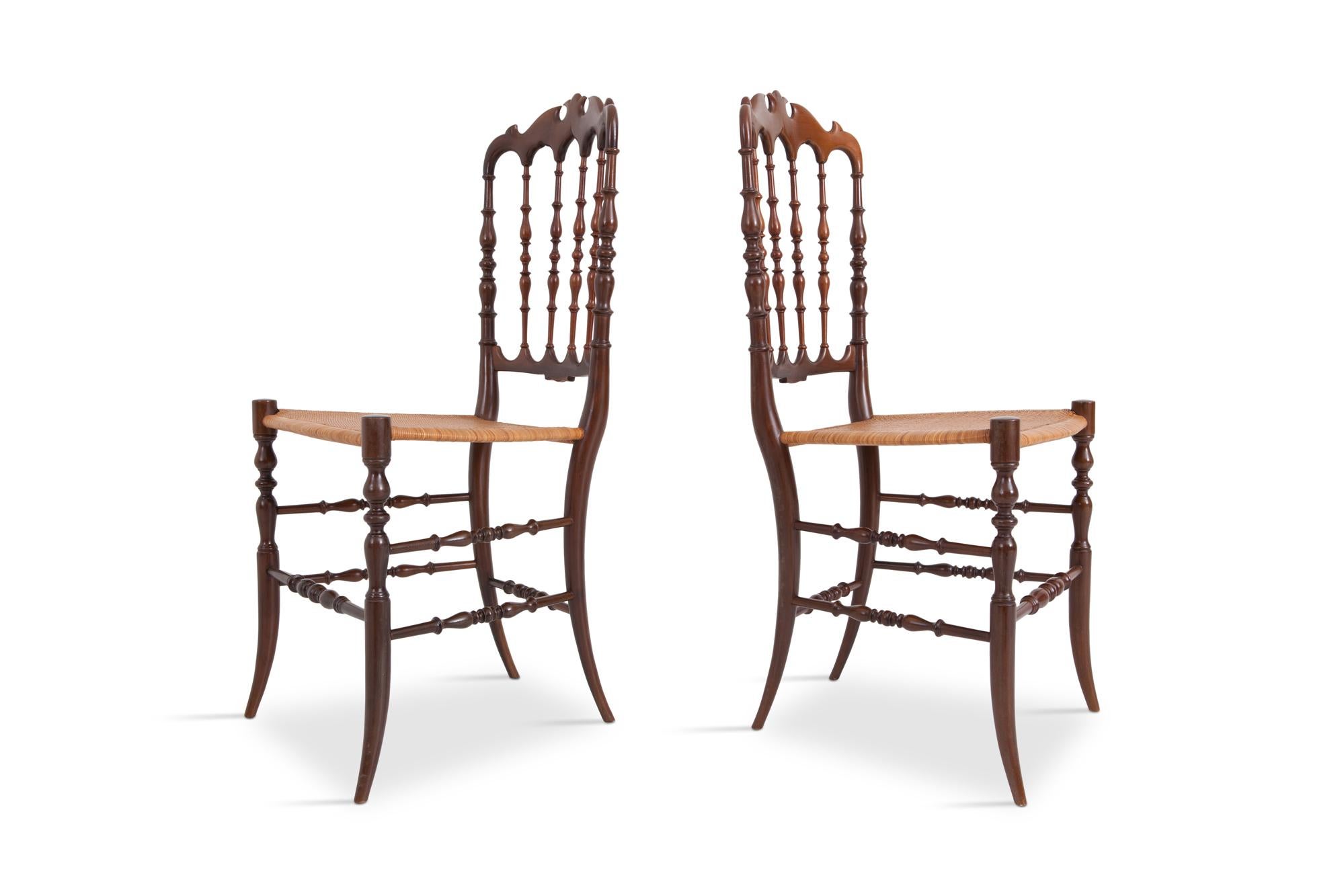 Early 20th Century hollywood regency Chiavari Cherrywood and Wicker Dining Chairs 