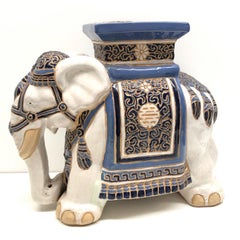 Hollywood Regency Chinese Blue Ivory Colored Elephant Garden Plant Stand or Seat