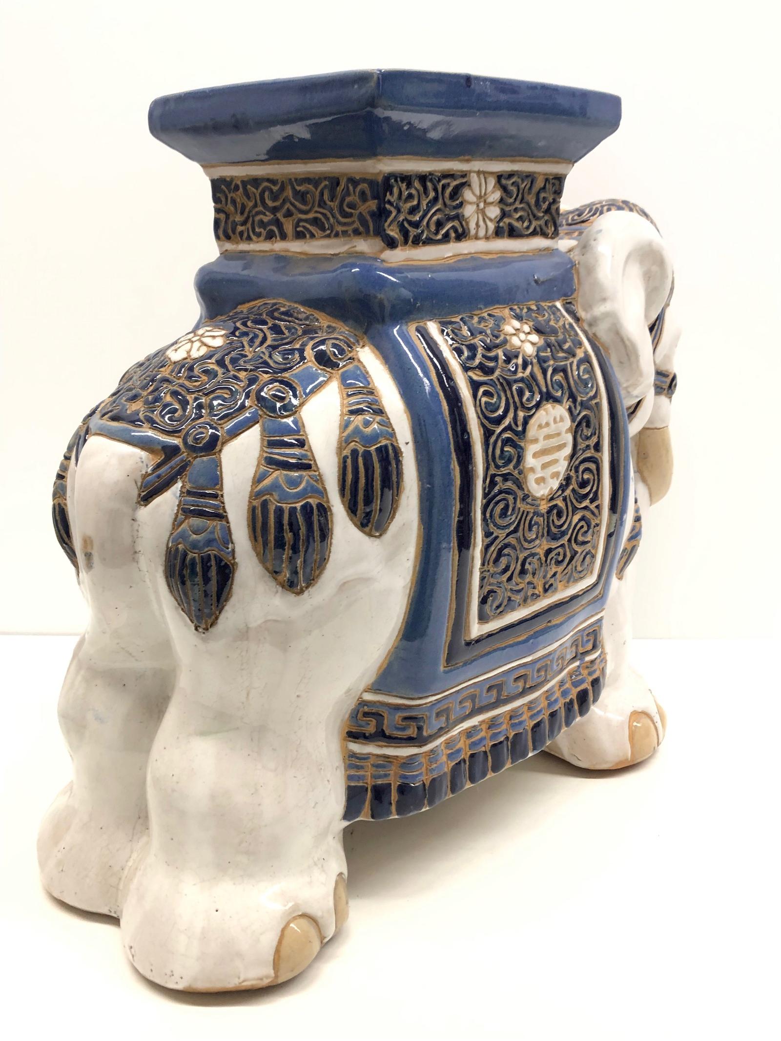 German Hollywood Regency Chinese Blue Ivory Colored Elephant Garden Plant Stand or Seat
