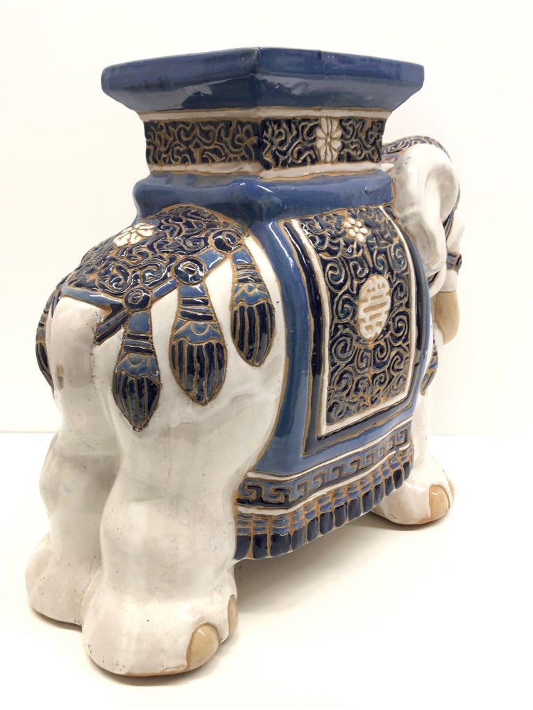 Hollywood Regency Chinese Blue Ivory Colored Elephant Garden Plant