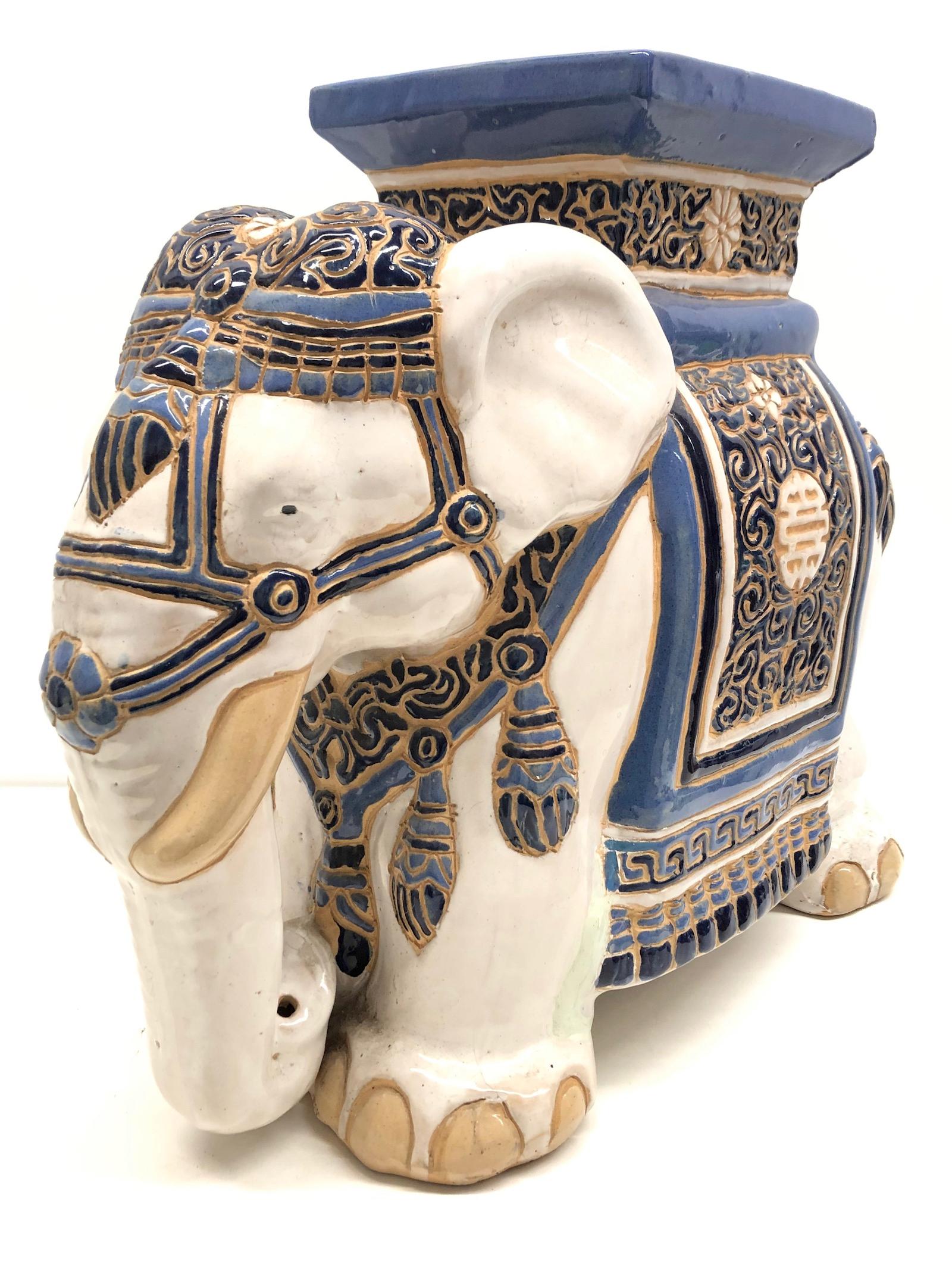 Mid-20th Century Hollywood Regency Chinese Blue Ivory Colored Elephant Garden Plant Stand or Seat