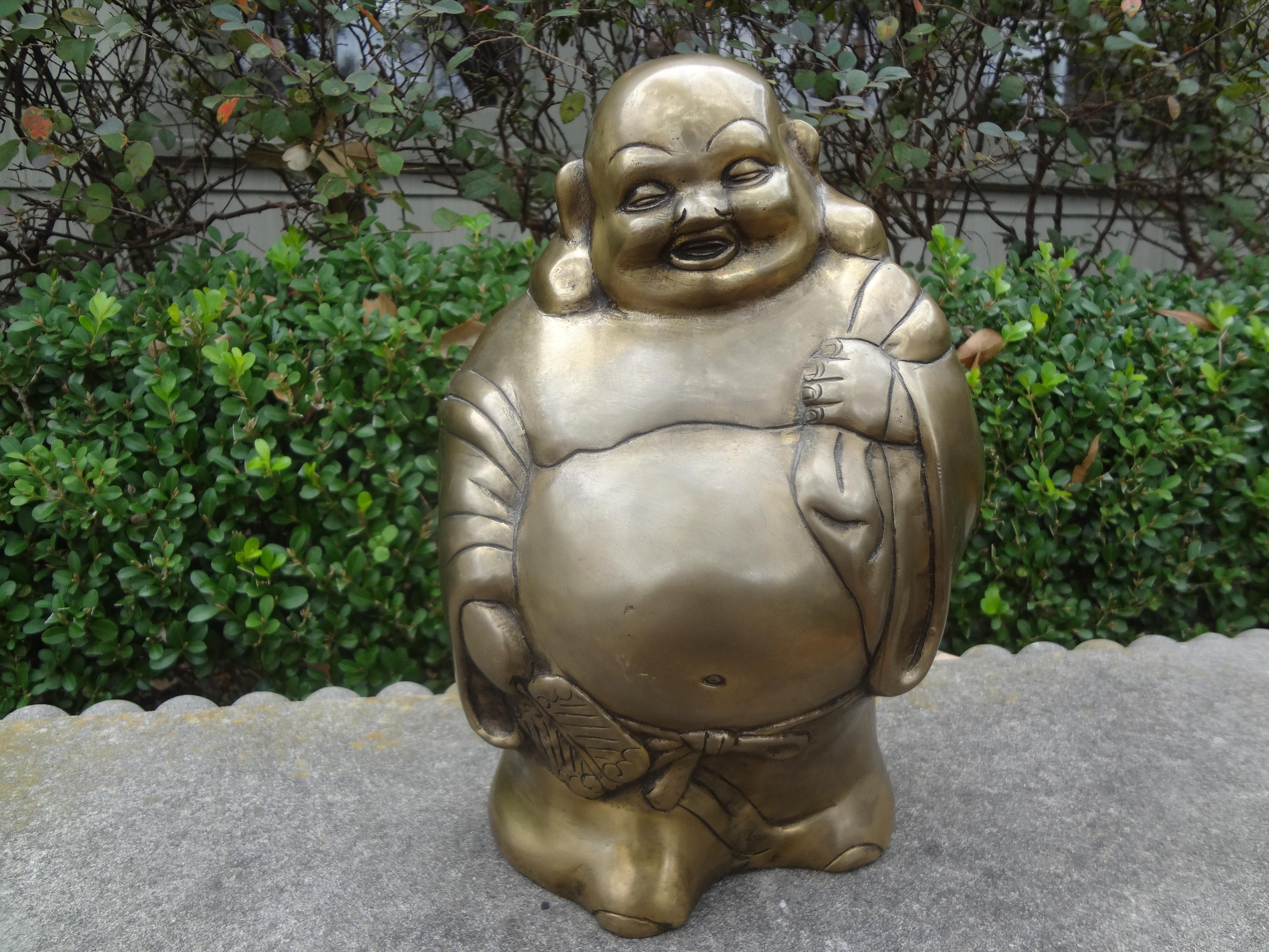 Hollywood Regency Chinese Brass Buddha Sculpture In Good Condition In Houston, TX