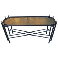 Vintage Hollywood Regency Chinese Chippendale Faux Bamboo Brass Sofa Table Made in Spain