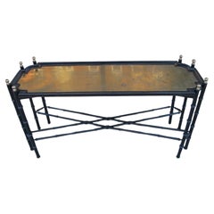 Hollywood Regency Chinese Chippendale Faux Bamboo Brass Sofa Table Made in Spain