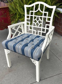 Hollywood Regency Chinese Chippendale White Lacquer Arm Chair