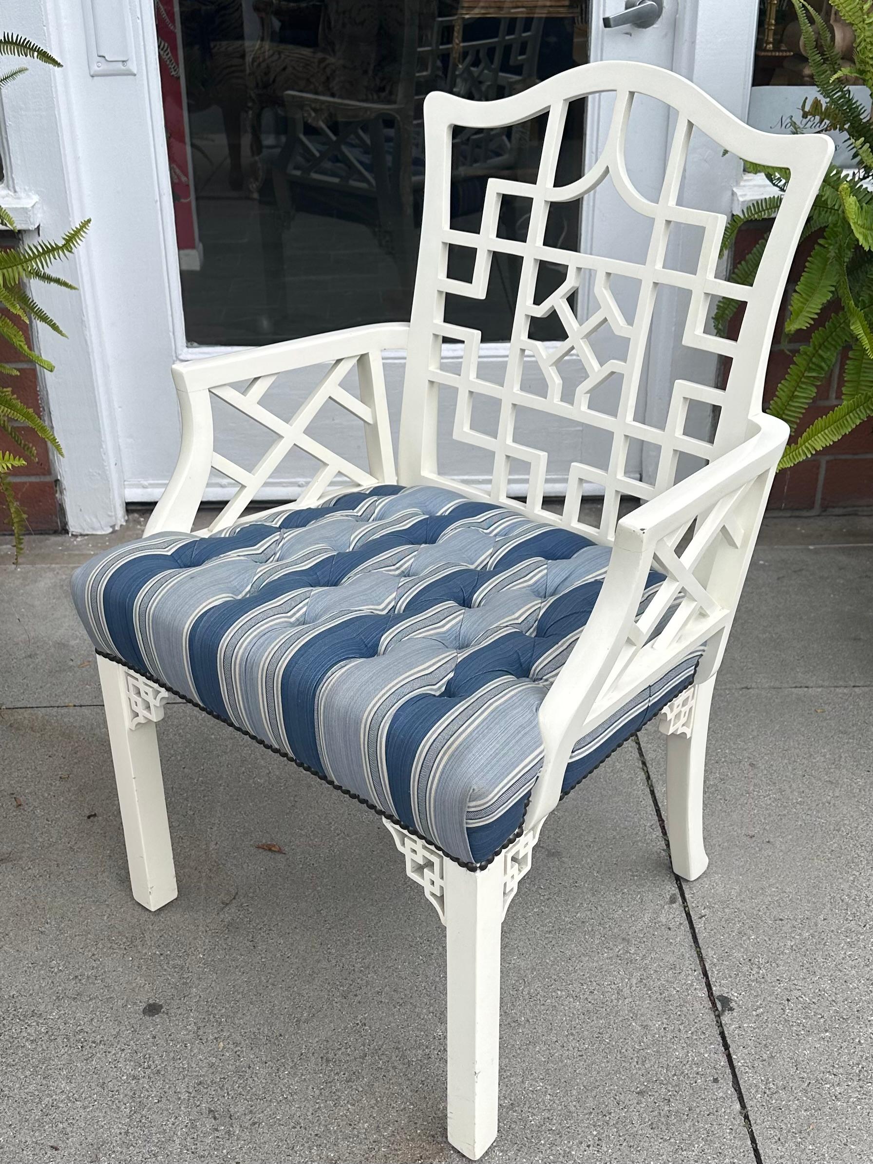 Hollywood Regency Chinese Chippendale White Lacquer Arm Chair For Sale 1