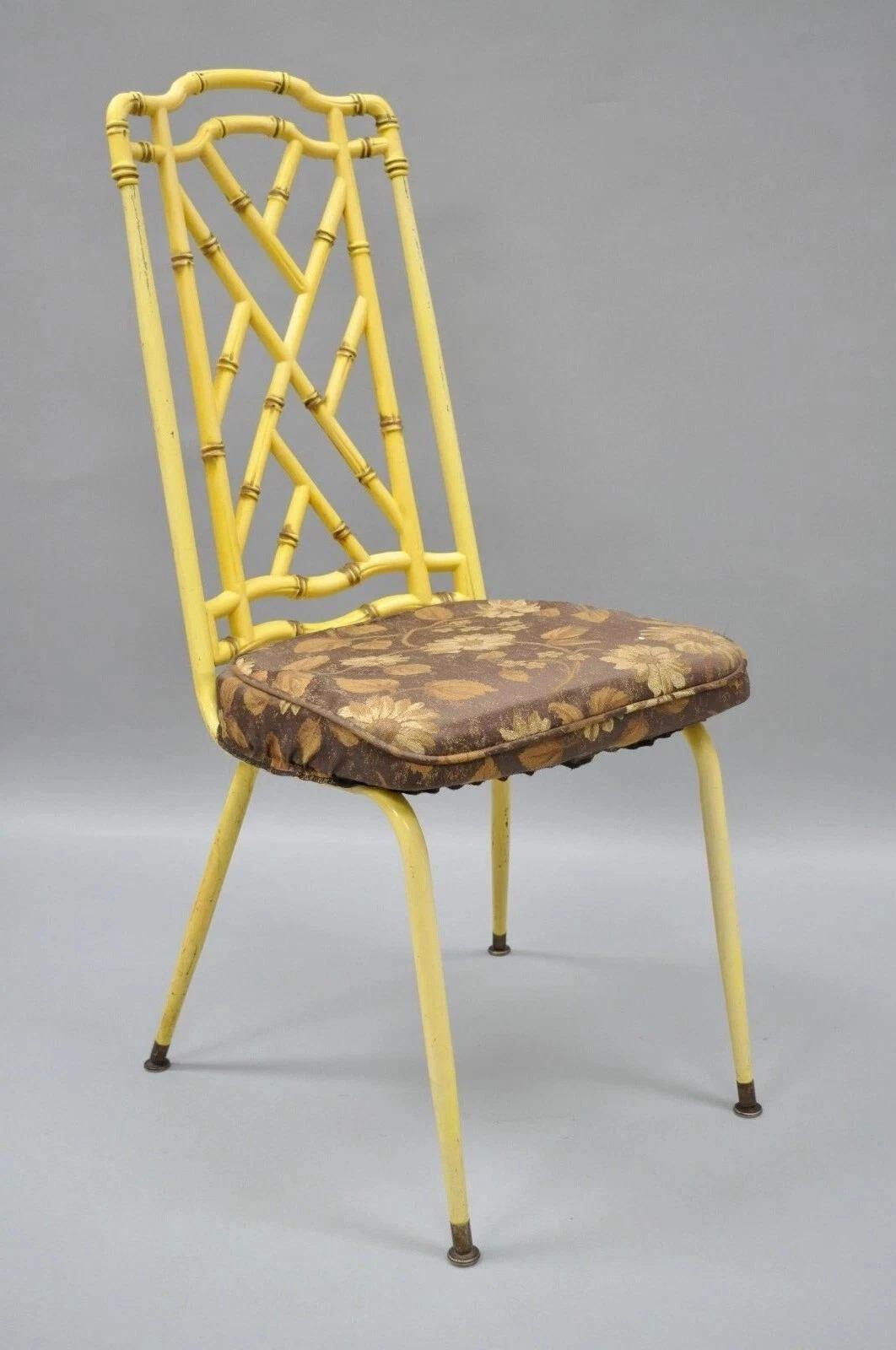 Hollywood Regency Chinese Chippendale Yellow Metal Faux Bamboo Dining Side Chair en venta 4