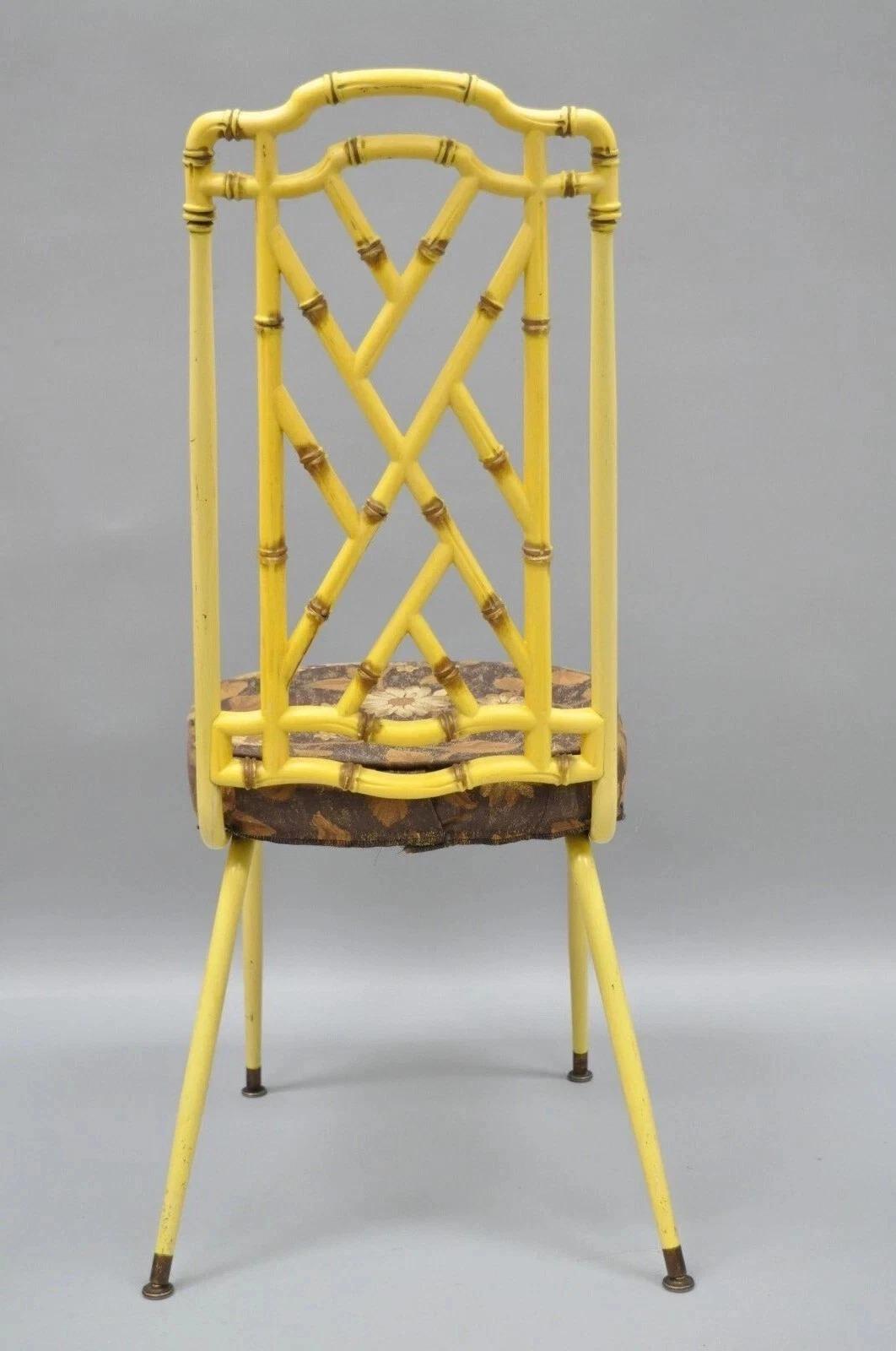 Hollywood Regency Chinese Chippendale Yellow Metal Faux Bamboo Dining Side Chair en venta 3