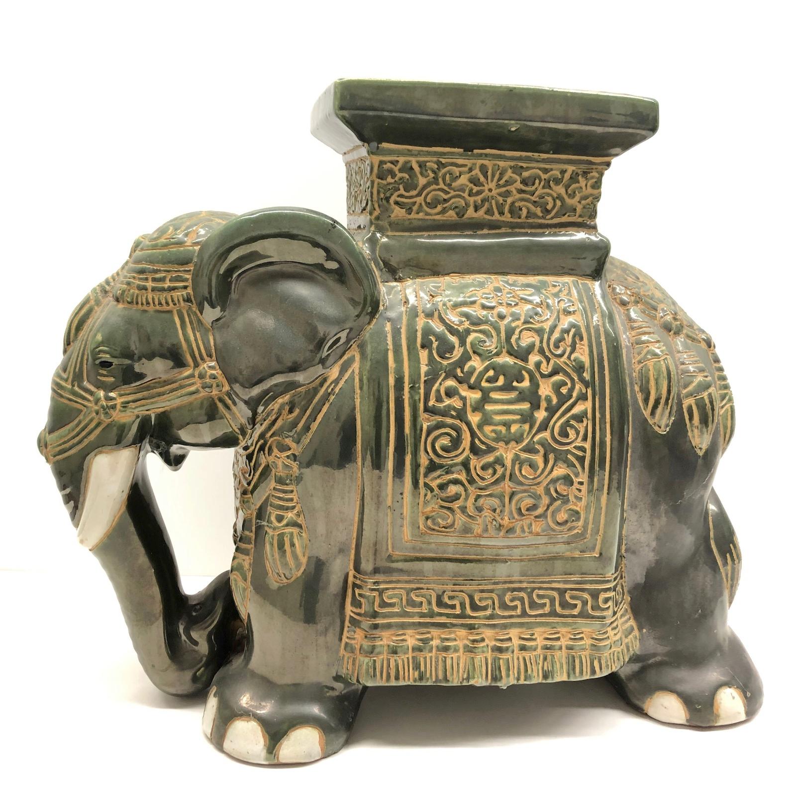 Mid-20th century glazed ceramic elephant garden stool, flower pot seat or side table. Handmade of ceramic. Nice addition to your home, patio or garden. A nice addition to any room, patio or yard.
 