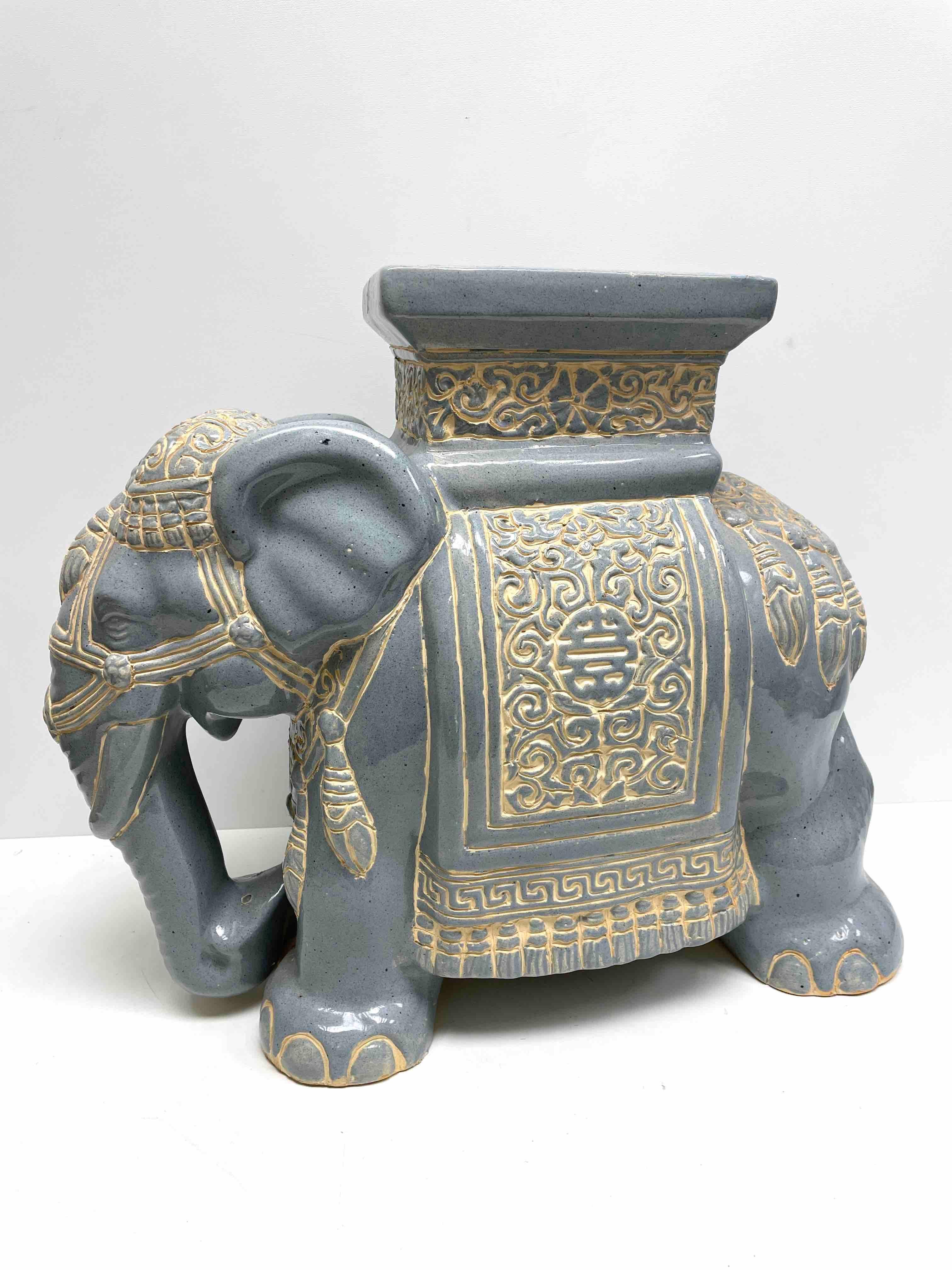 German Hollywood Regency Chinese Grey-Blue Colored Elephant Garden Plant Stand or Seat For Sale