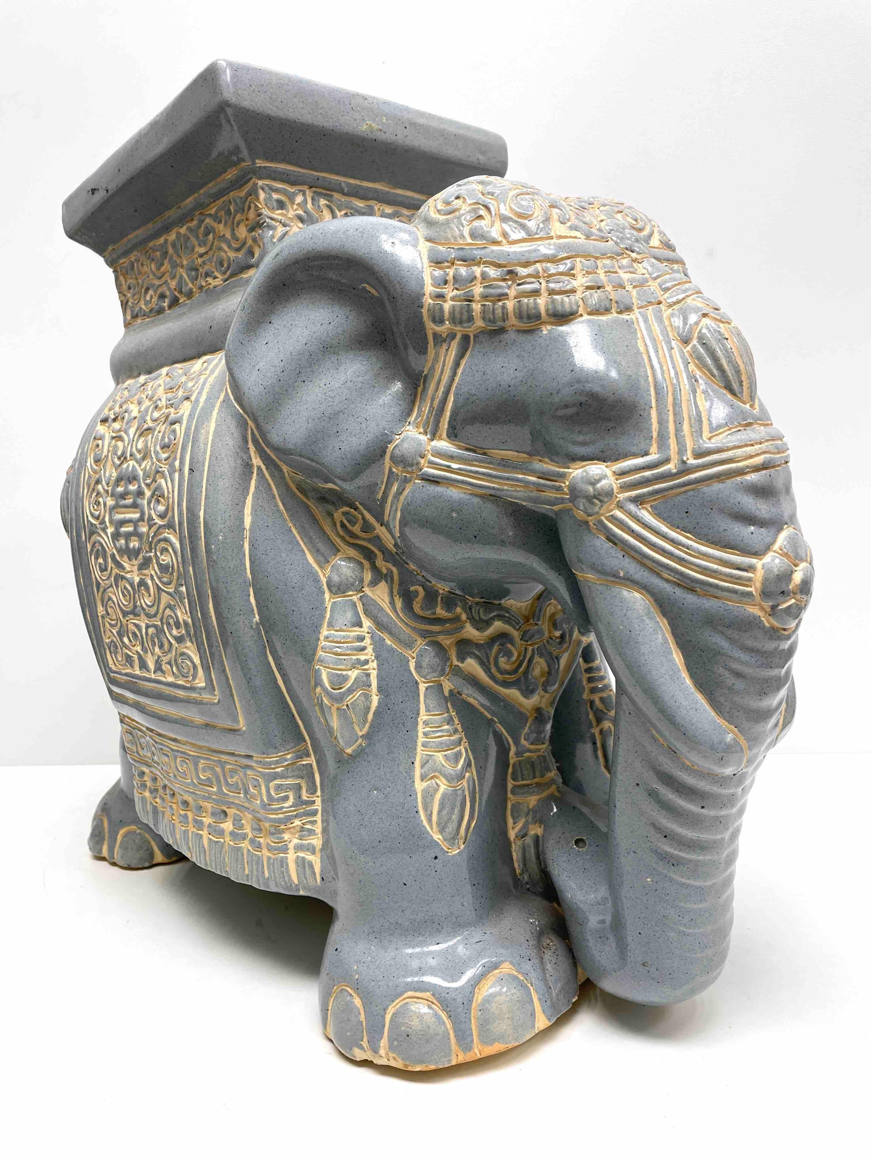 Ceramic Hollywood Regency Chinese Grey-Blue Colored Elephant Garden Plant Stand or Seat For Sale