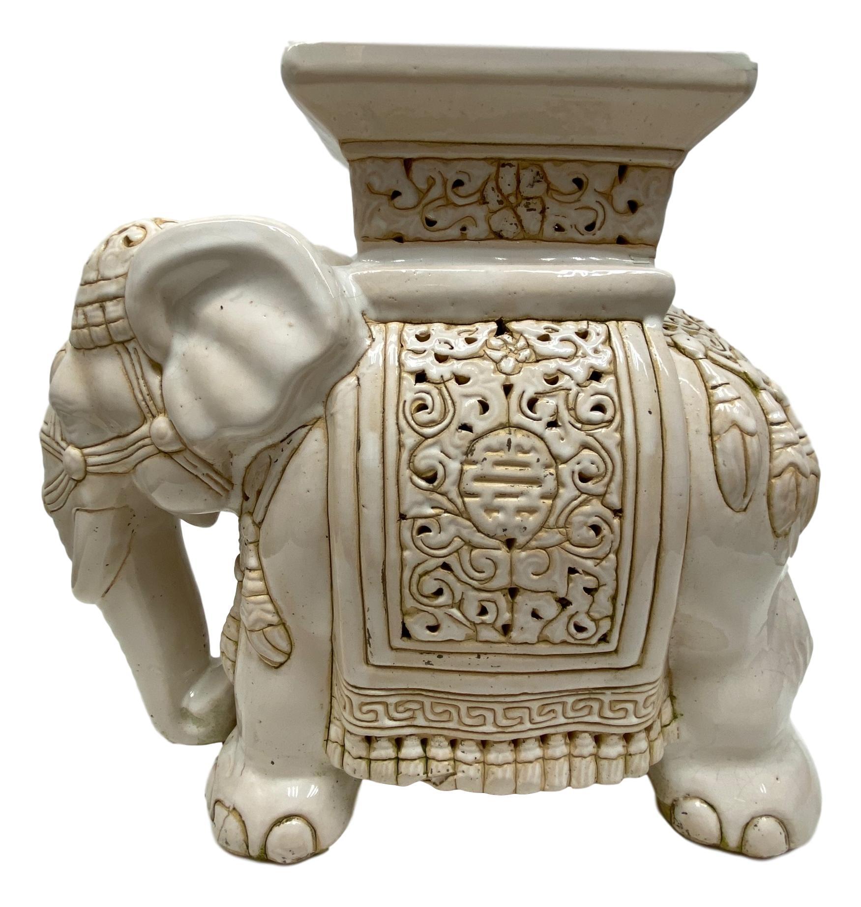 Hollywood Regency Chinese Ivory Colored Elephant Garden Plant Stand or Seat 1
