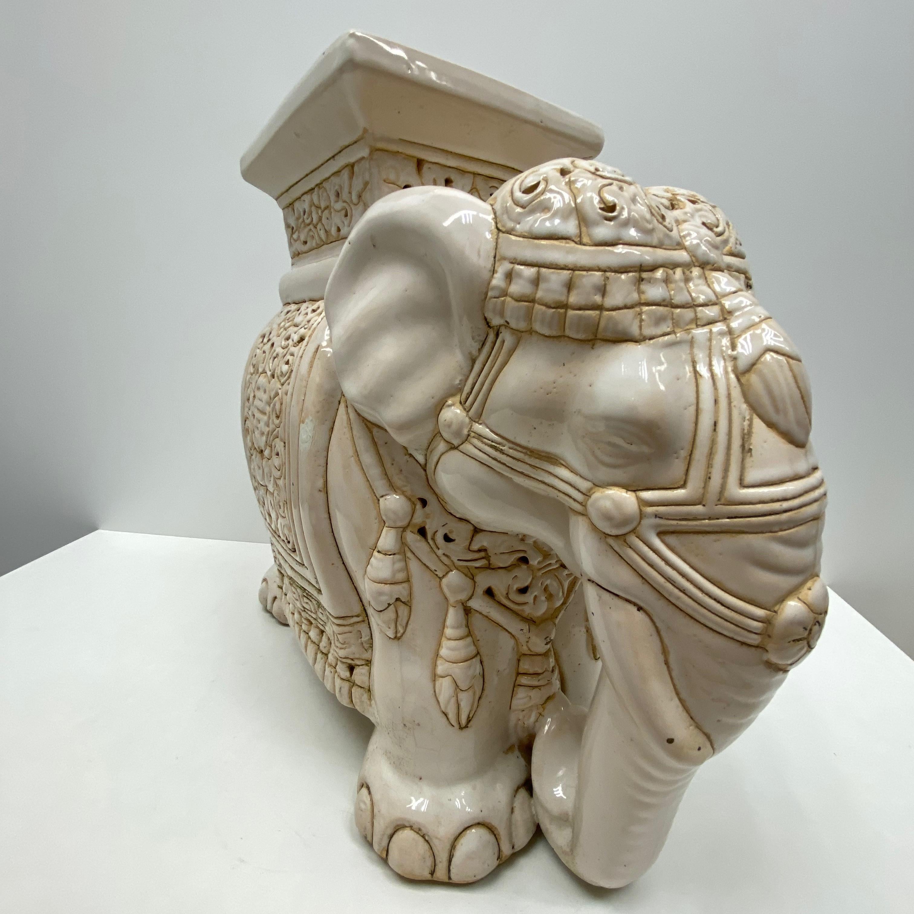 German Hollywood Regency Chinese Ivory Colored Elephant Garden Plant Stand or Seat